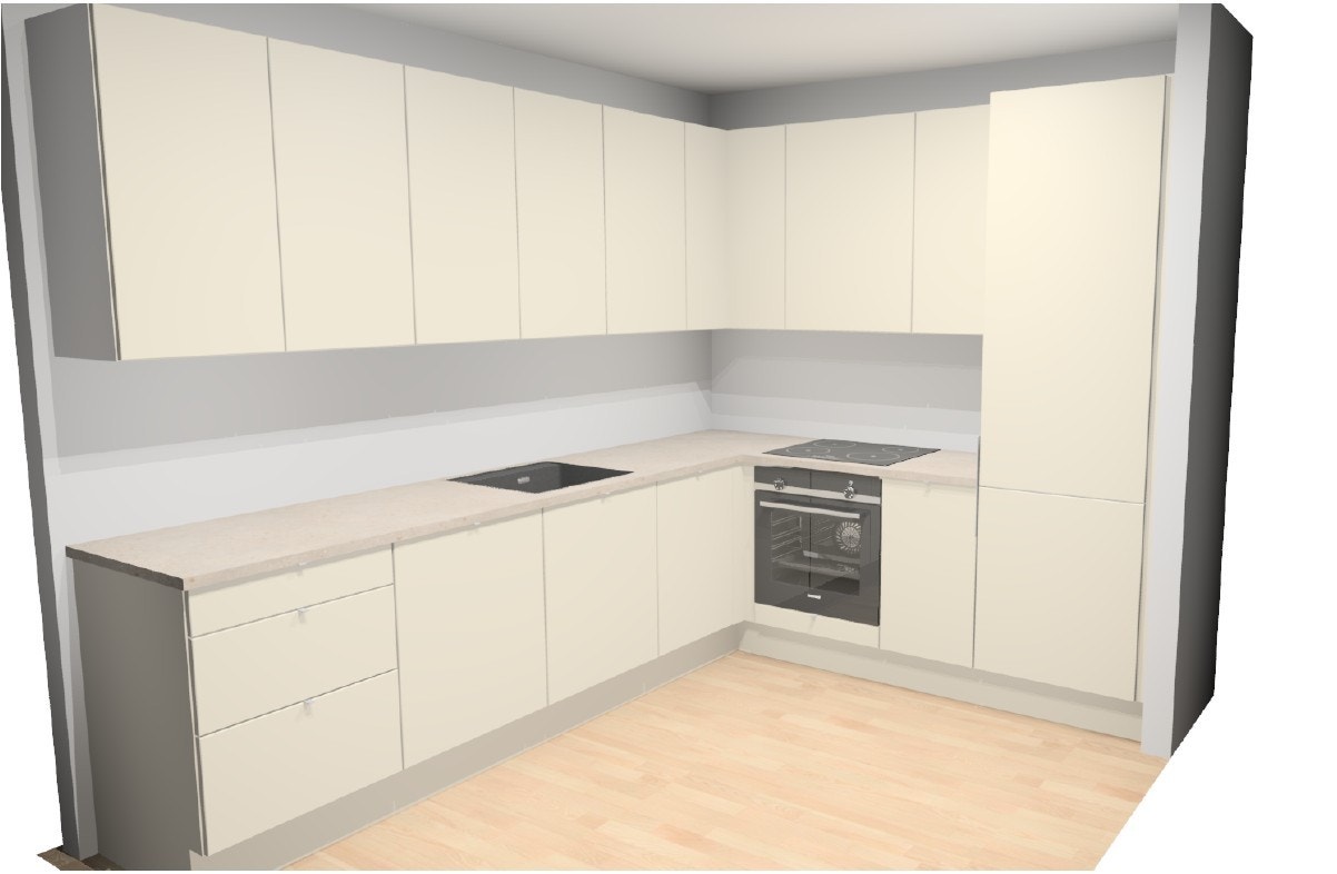 Kjøkkentegninger for leiligheten. Kjøkkenet er oppgradert til fargen "glatt beige", Delaware stone benkeplate, underlimt sort vask og click push på "høyere overskap" Galleribilde