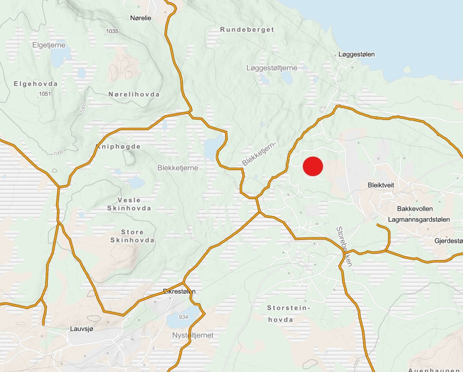 Utsnitt fra sporet.no som viser skiløyper i forhold til markert tomteområde Galleribilde