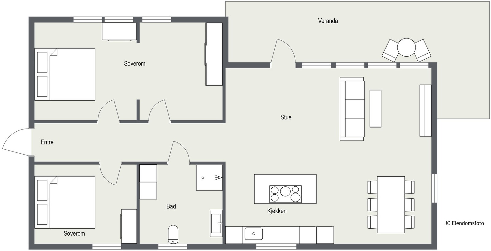 Planskisse 1. etasje. Det presiseres at det er bruken som er benevnt i plantegning, ikke det som er godkjent. Galleribilde