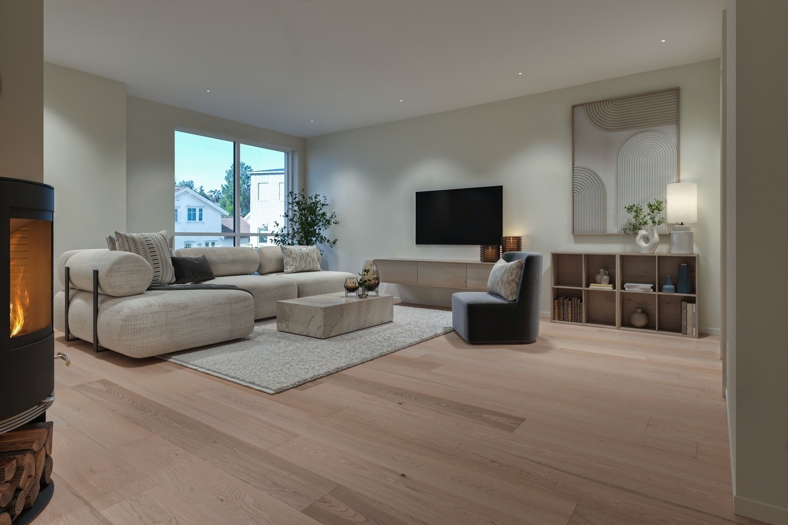 Illustrasjon innvendig - stue med moderne og fine materialvalg Galleribilde