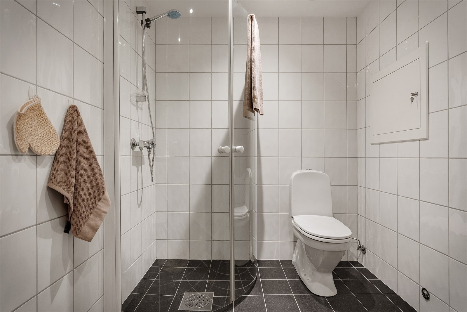 - Ellers inneholder badet gulvmontert toalett, benkeskap med servant, dusjdører i glass og varmtvannsbereder - Galleribilde