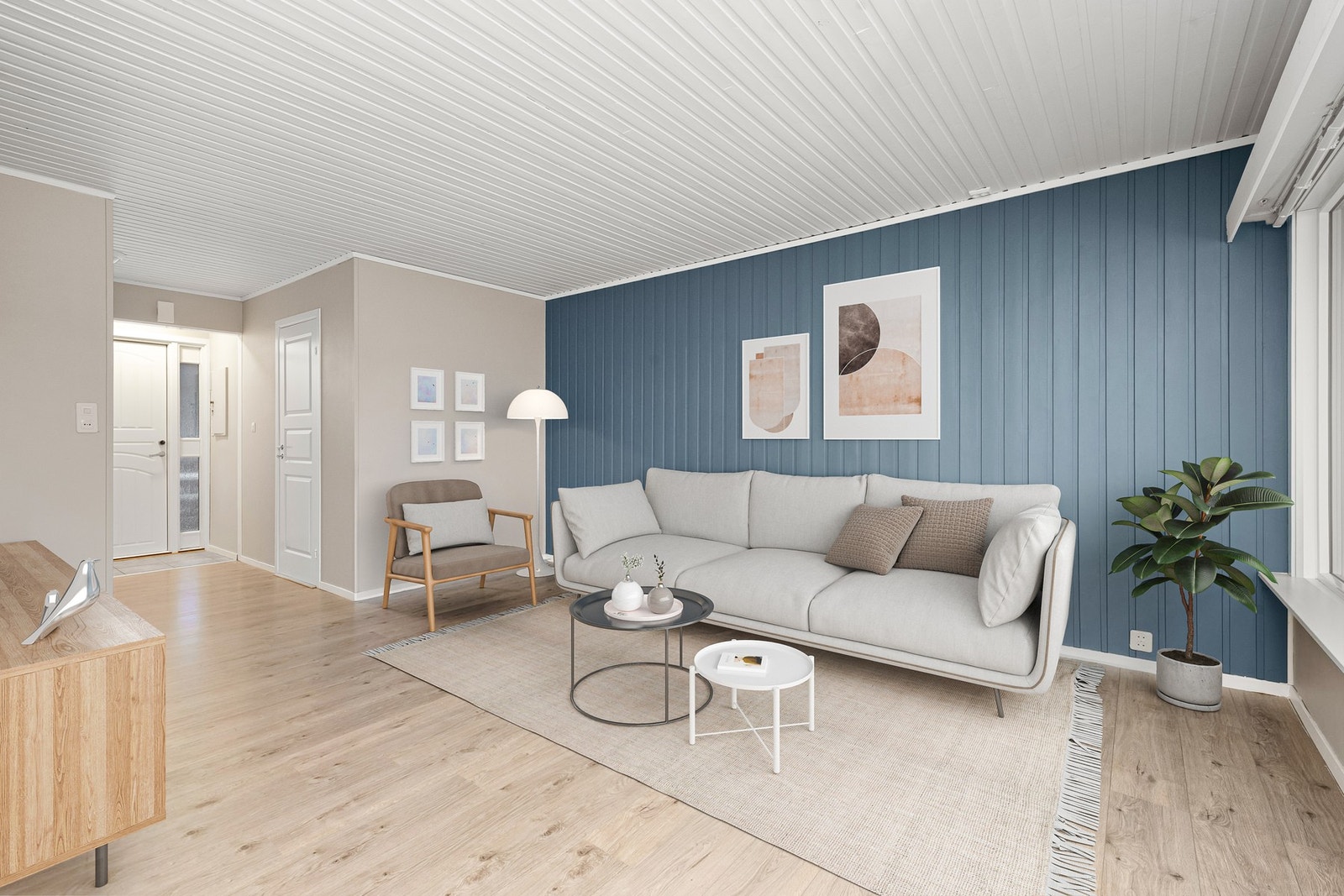 Leiligheten har et moderne og fint uttrykk med fine fargevalg og fint gulv. (Bildet er møblert digitalt) Galleribilde