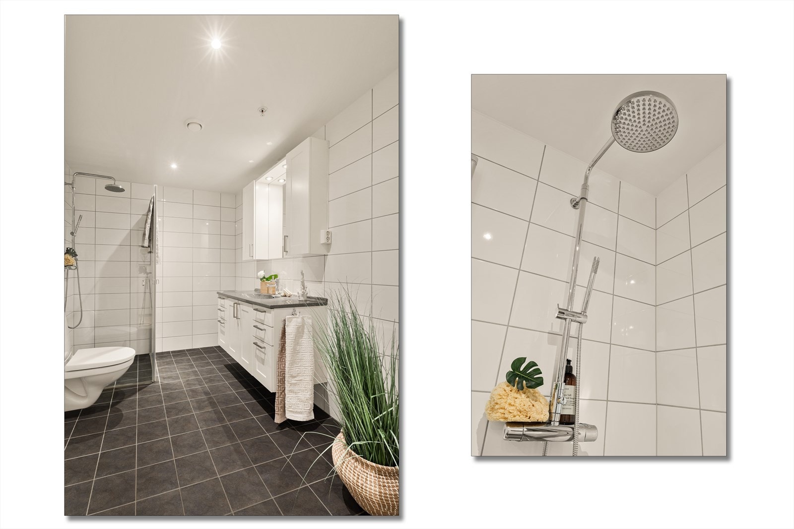 Pent baderom med downlights, gulvvarme og opplegg til vaskemaskin og tørketrommel Galleribilde