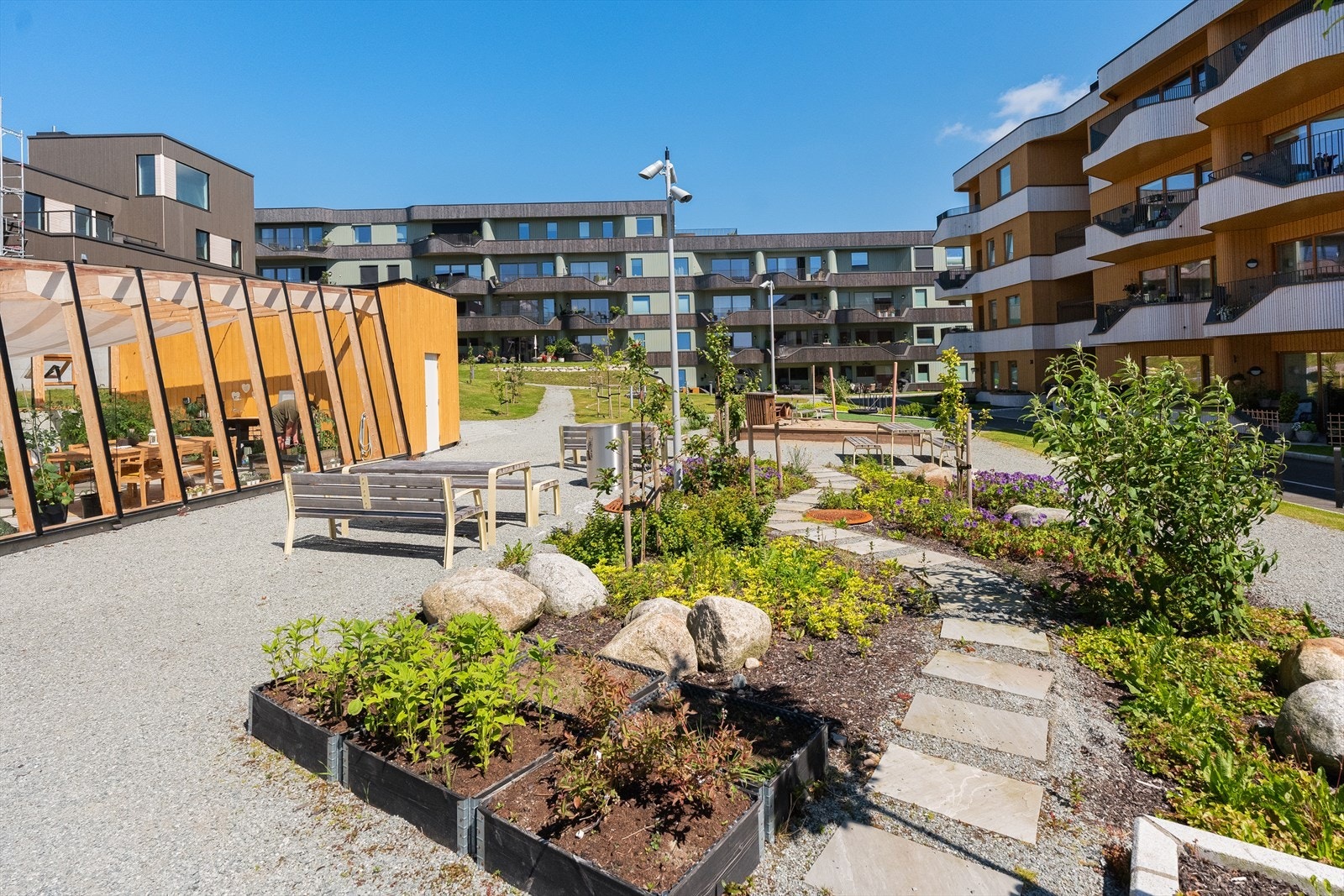 Felles for beboerne: Innbydende og flott opparbeidet fellesområde med grønne omgivelser, hyggelige sittegrupper og et skjermet tun Galleribilde