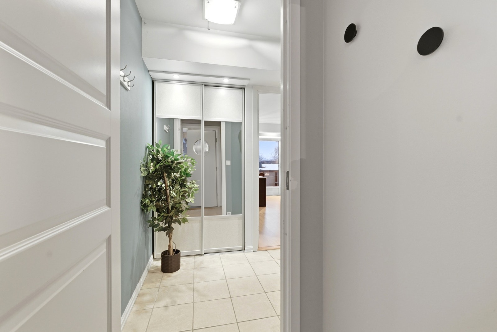 Entré med plass til å sette fra seg sko og henge fra seg yttertøy. Lagringsplass i skyvedørsgarderobe. Galleribilde