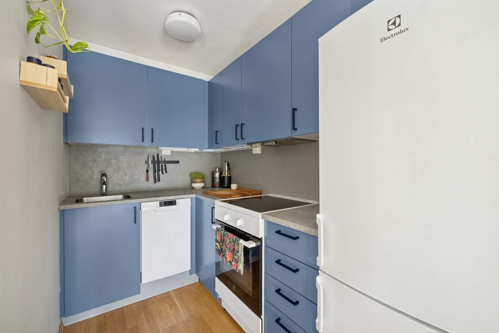 Kjøkkeninnredning fra 2016 med under-/overskap og slette malte fronter, benkeplater av laminat med nedfelt kum i rustfritt stål og ett -greps blandebatteri. Galleribilde