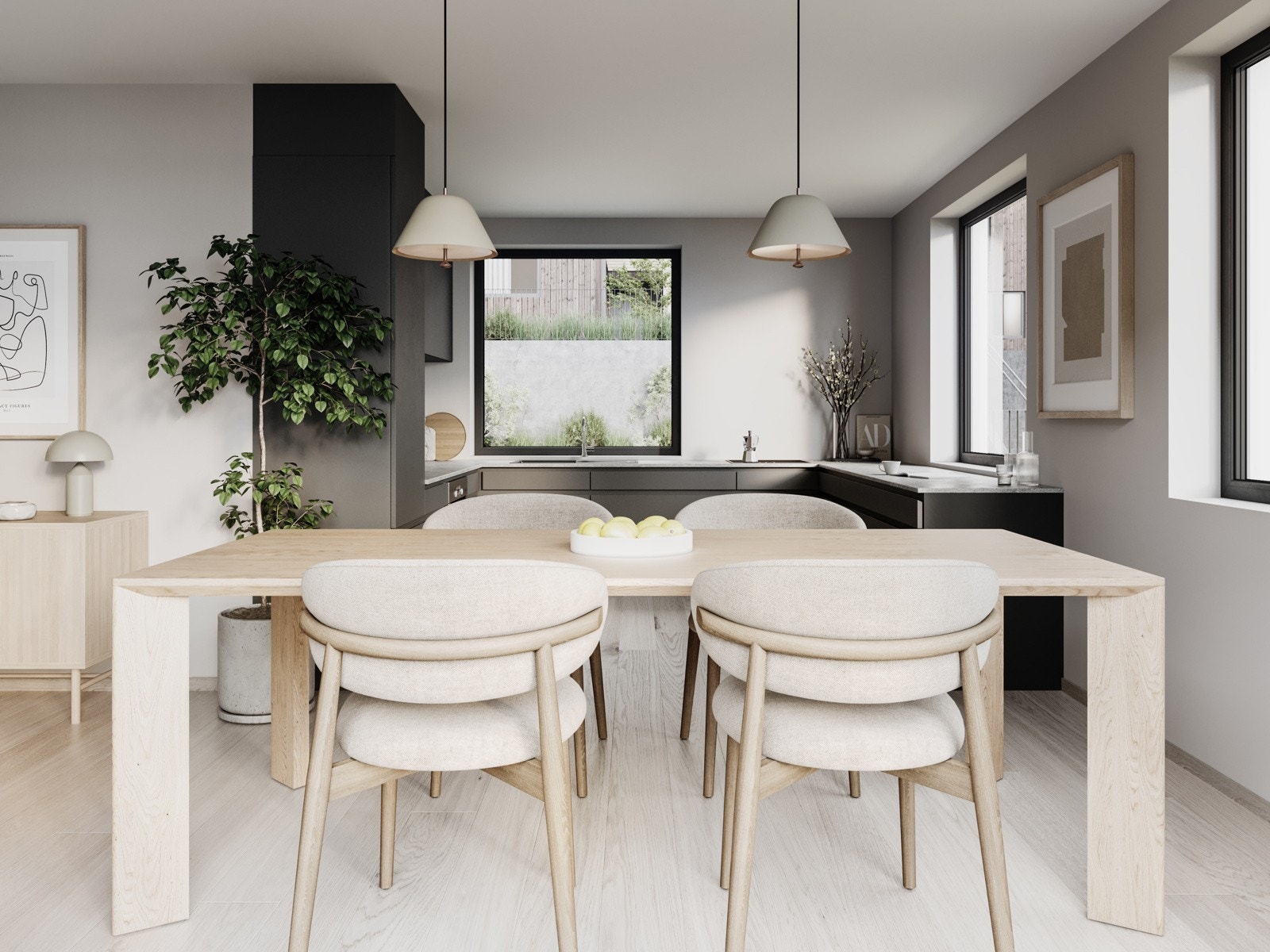 Stue og kjøkken i åpne løsninger med rikelig innslipp av naturlig lys. (illustrasjons bilde fra annen bolig) Galleribilde