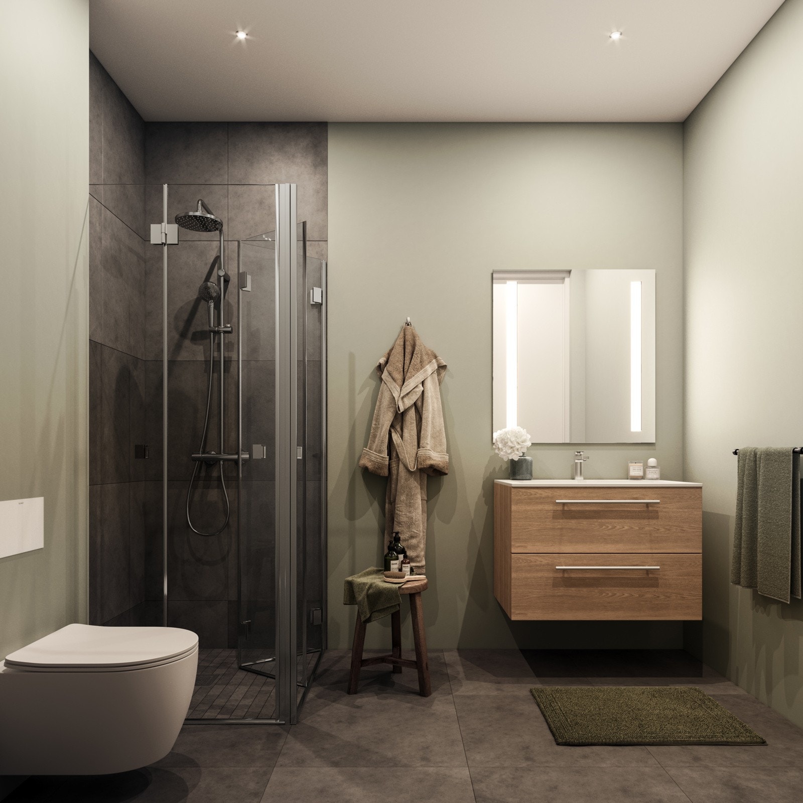 Badene får keramiske fliser på gulv, vegghengt toalett og lekre dusjvegger i herdet glass. (illustrasjon) Galleribilde