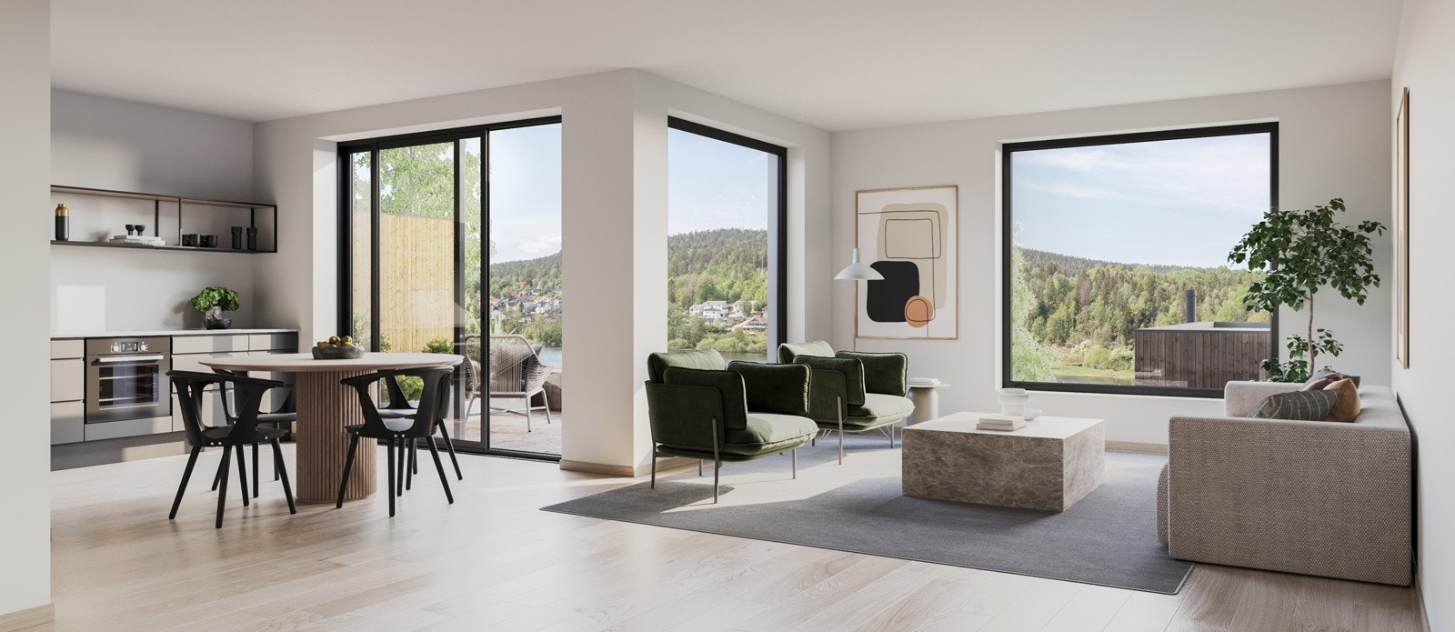 Boligen vil få private terrasser med flott utsikt, idyllisk og solrikt beliggende rett ved vannet (illustrasjon) Galleribilde