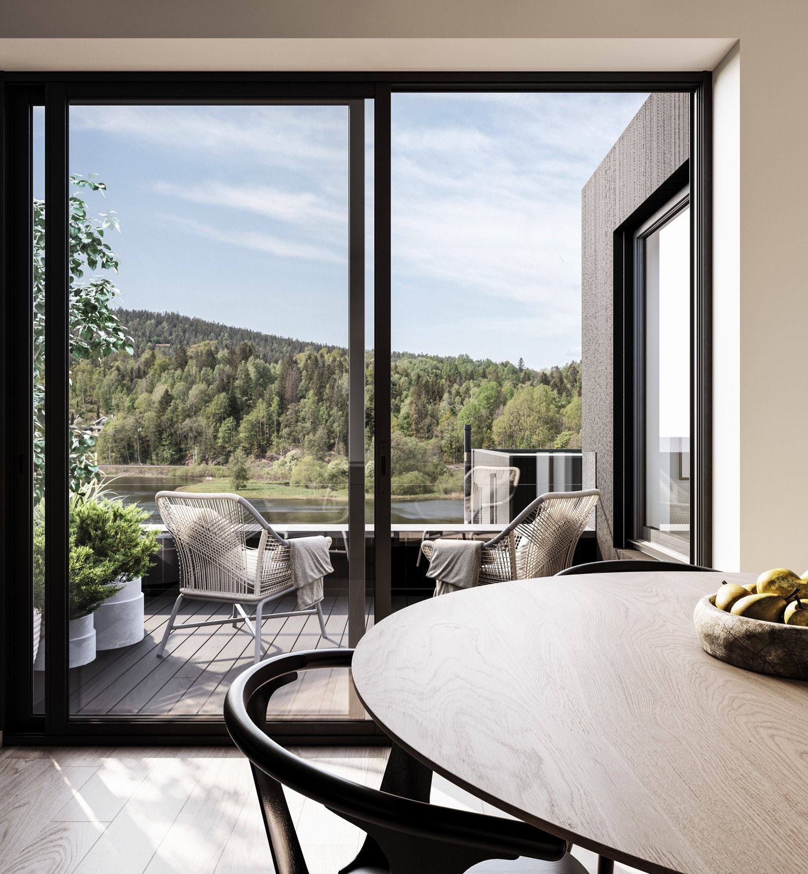 Inne opplever du store lyse rom med 1-stavs eikeparkett på gulvene og store vinduer i oppholdsrommene.(illustrasjon) Galleribilde