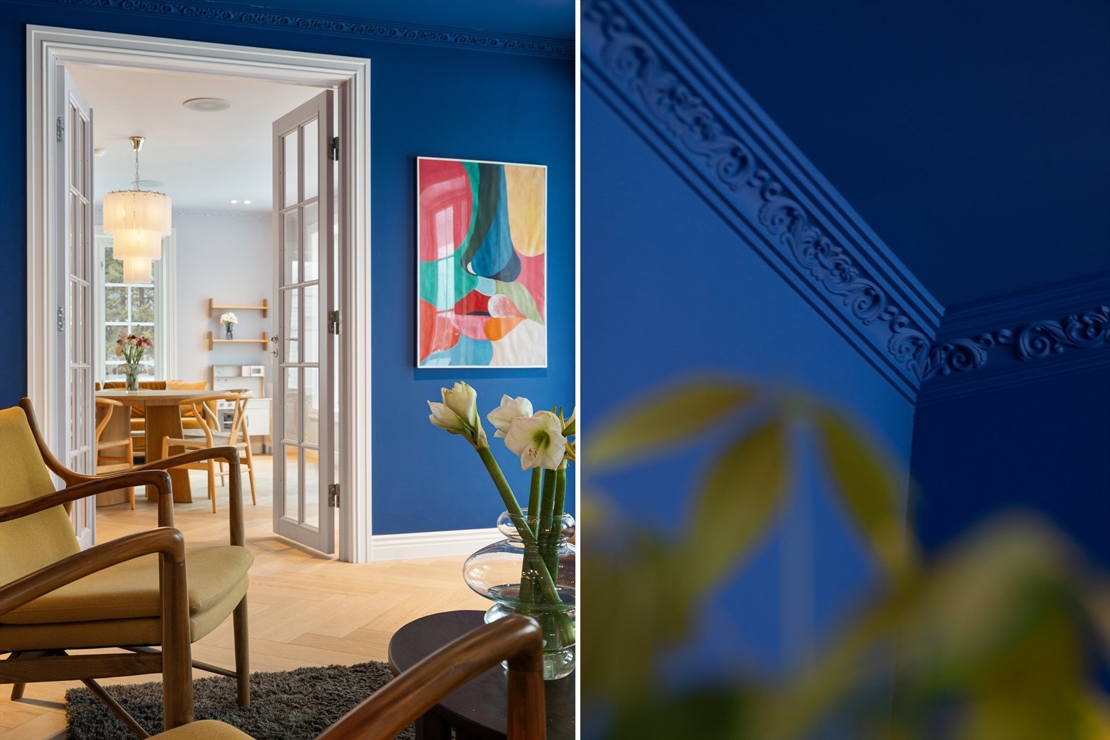 Det er gjennomgående fiskebeinsparkett i hele boligen med varmekabler på gulv samt malte vegger i spennende og gjennomtenkte fargevalg. Fargene varierer fra rom til rom og gir en unik og spennende romfølelse. Galleribilde