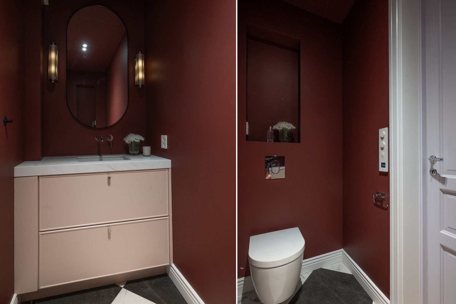 Det er enkel tilgang til et gjestetoalett i entreen med fliser og moderne fargevalg på vegger og i himling. Det er montert et vegghengt toalett med en nisje over samt servant med benkeplate i komposittstein og underskuffer samt vegghengt speil over. Galleribilde