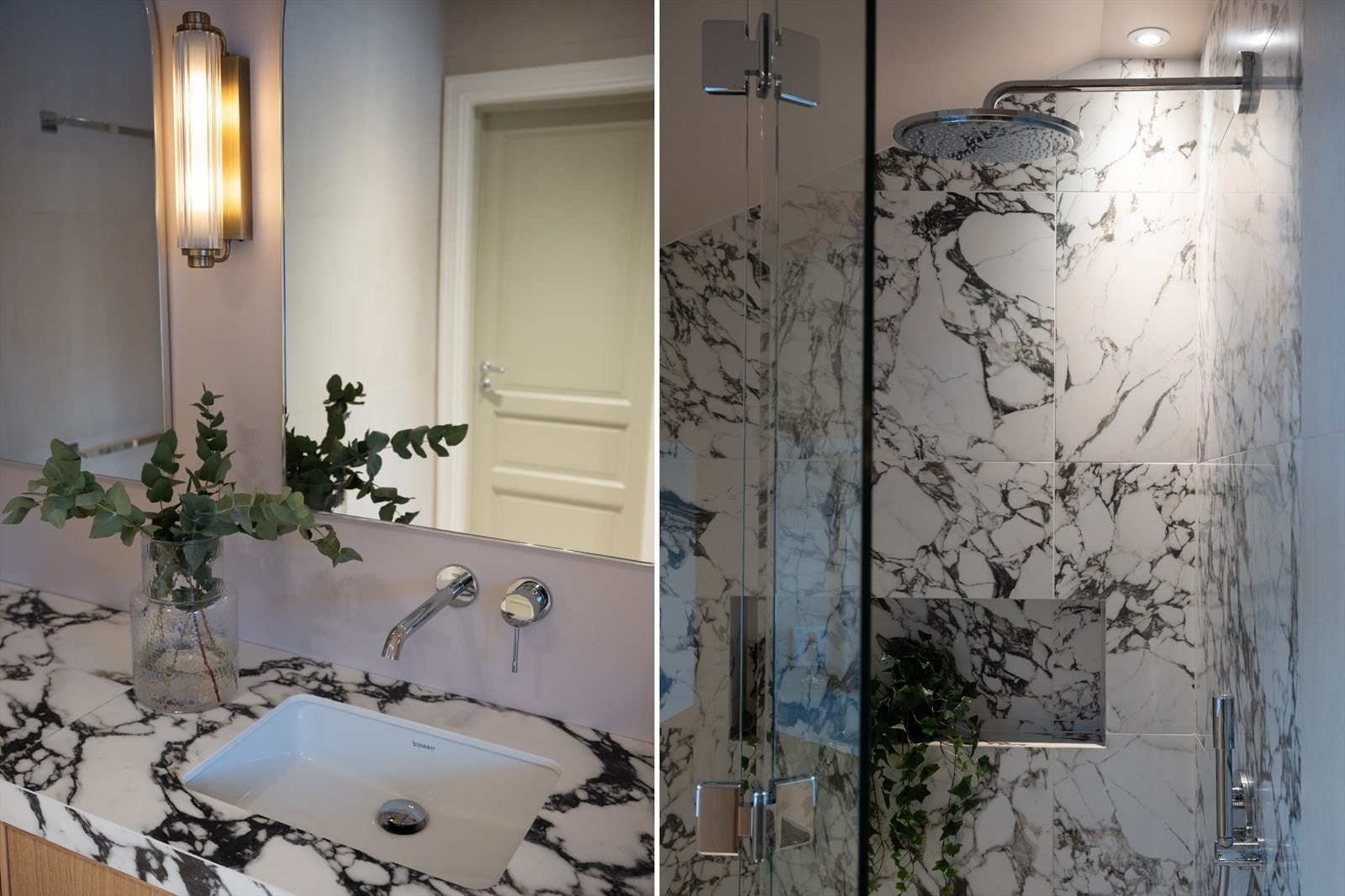 Innredningen består av praktisk skuffeløsning med heldekkende benkeplate i komposittstein og underlimte servanter fra Duravit med innfelte blandebatterier. Galleribilde