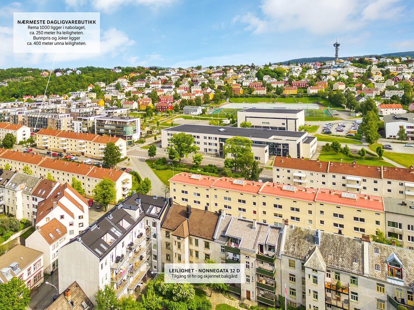 Rema 1000 på Rosenborg, ligger kun 250 meter unna. Det er også gode gang- og sykkelveier til NTNU Gløshaugen, Kalvskinnet, Handelshøyskolen NTNU, Handelshøyskolen BI og Dronning Mauds Minne, alle ca. 7 minutter unna med sykkel. Galleribilde