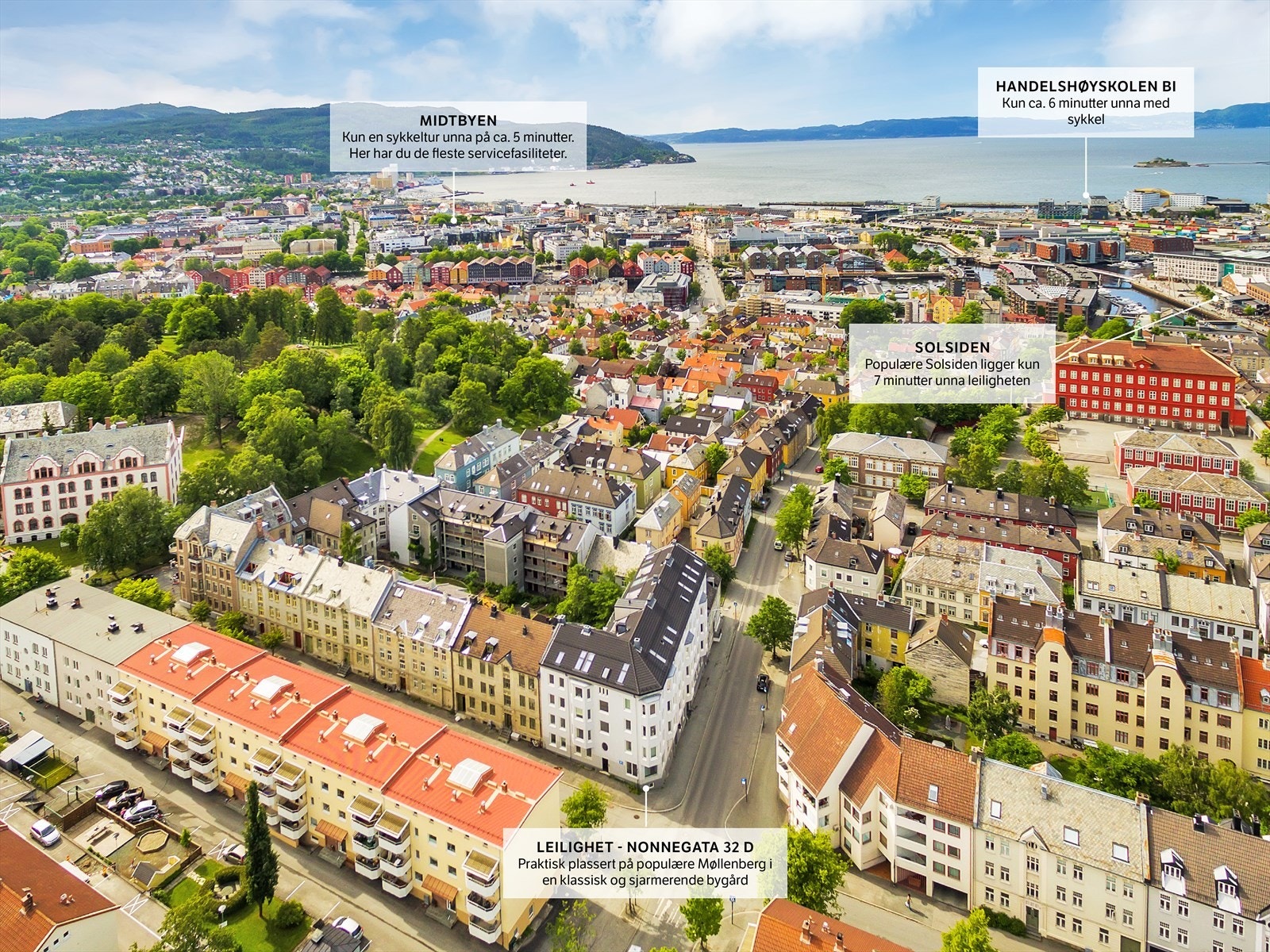 Beliggenheten er helt upåklagelig, med kort vei til alle studiesteder, offentlig kommunikasjon, Solsiden og Midtbyen. Se beskrivelse i annonseteksten. Galleribilde