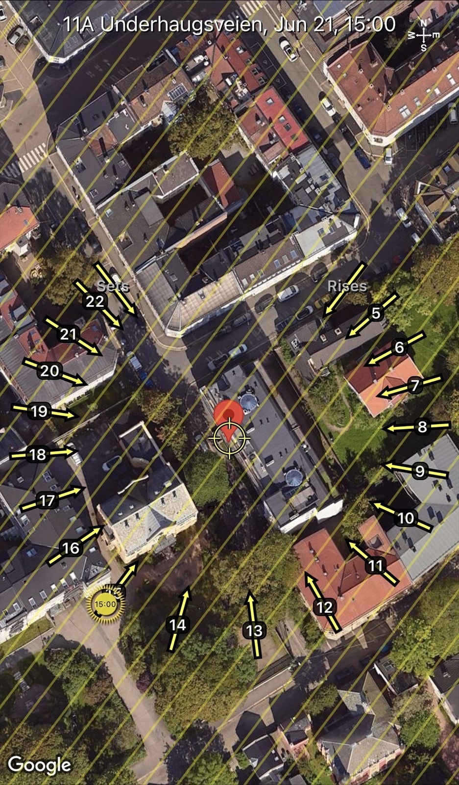 Skjermbilde fra appen Sun Seeker som viser solbanen pr. 21.juni. Sol fra tidlig ettermiddag Galleribilde