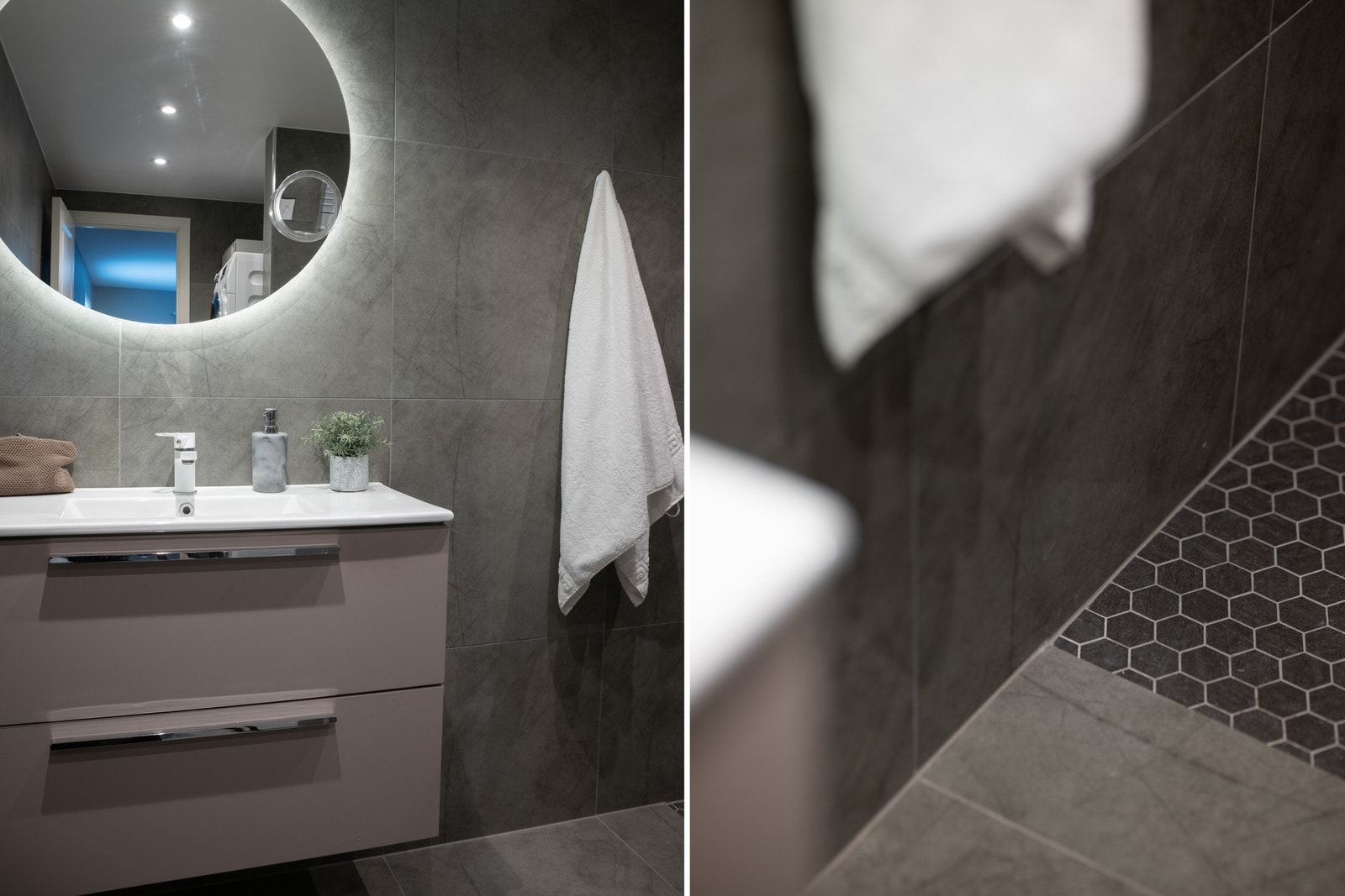 Pent utført bad med romslig dusjsone med regnfallsdusj og hexagonfliser på gulv i dusjsonen. Galleribilde