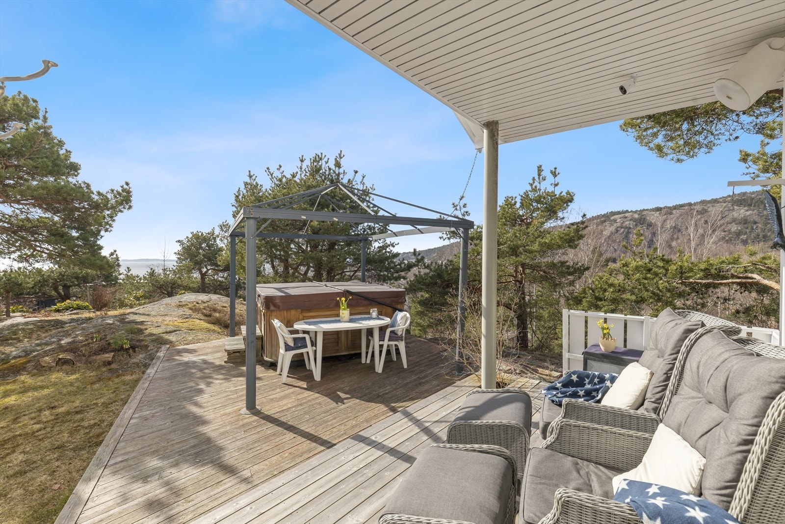 Deler av terrassen er praktisk overbygget. Galleribilde