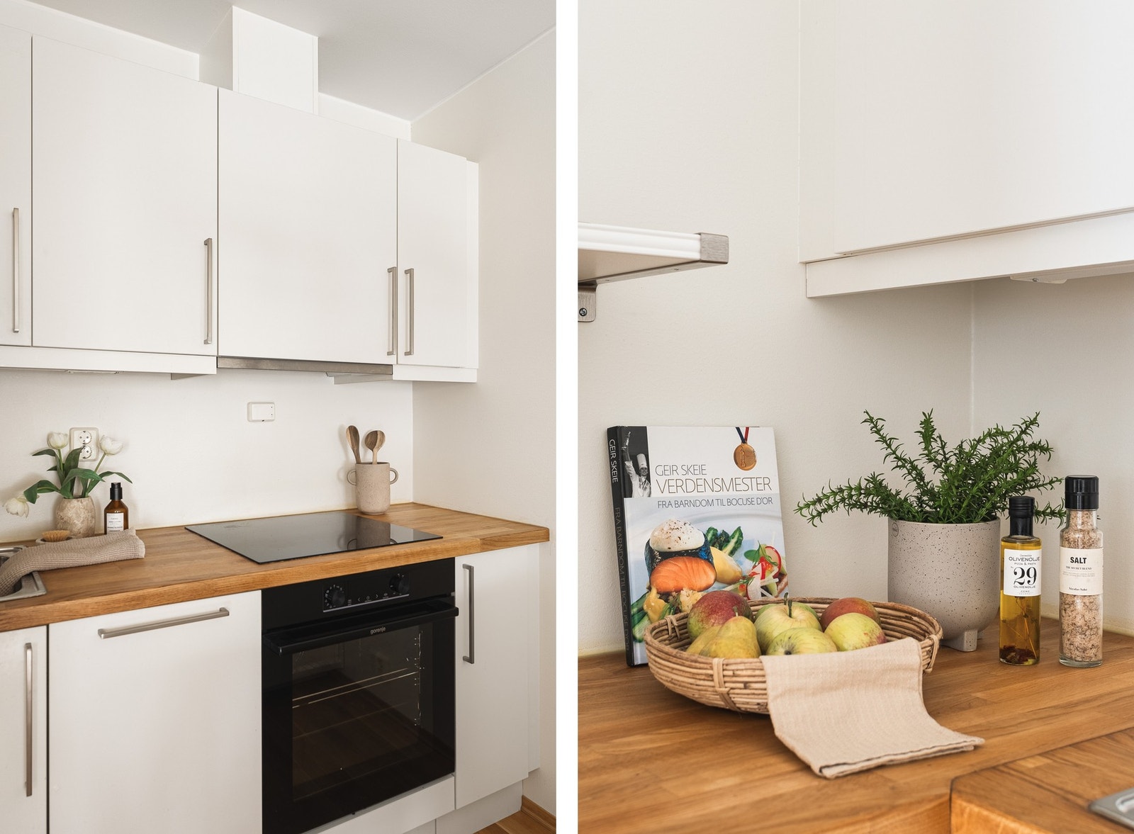 Det er heltre benkeplate med nedfelt vask i stål. Galleribilde