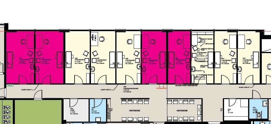 Plantegning felleskap 3 etasje, ledige kontor er merket med rosa. Galleribilde