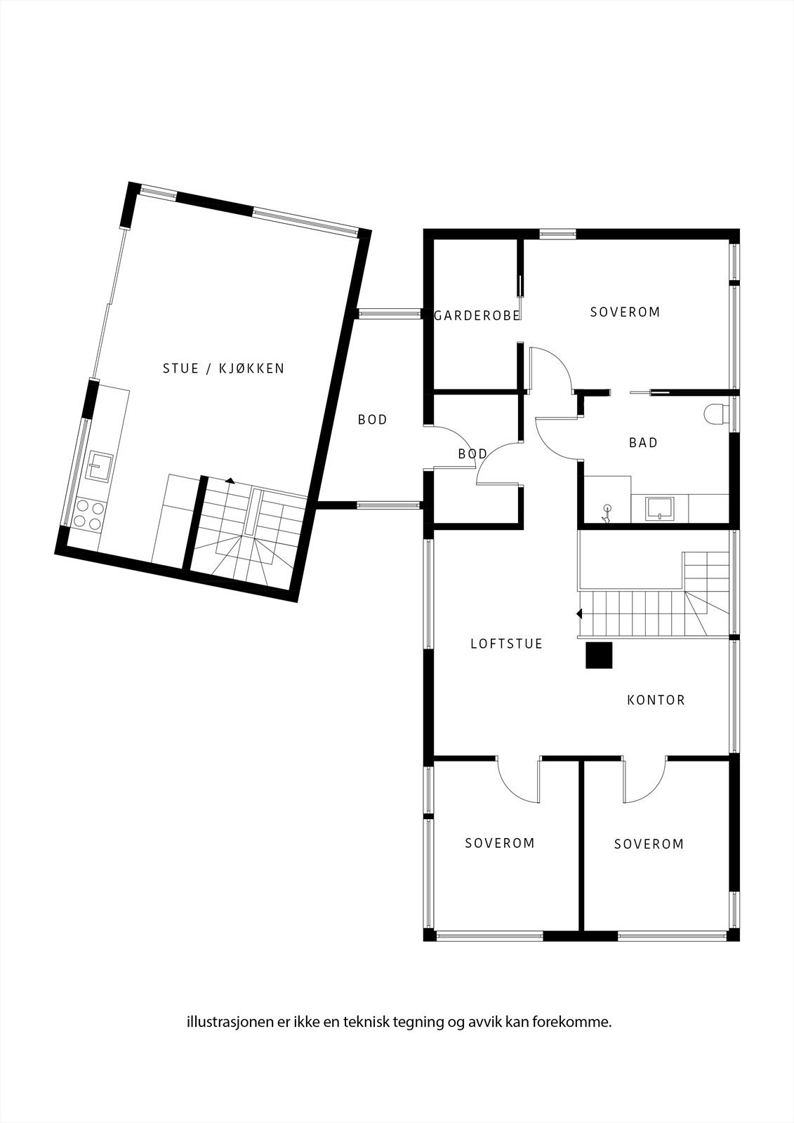 Hovedhusets øvre etasje er komplett for enhver familie med 3 soverom, stue, kontor, bad og lagring. Galleribilde