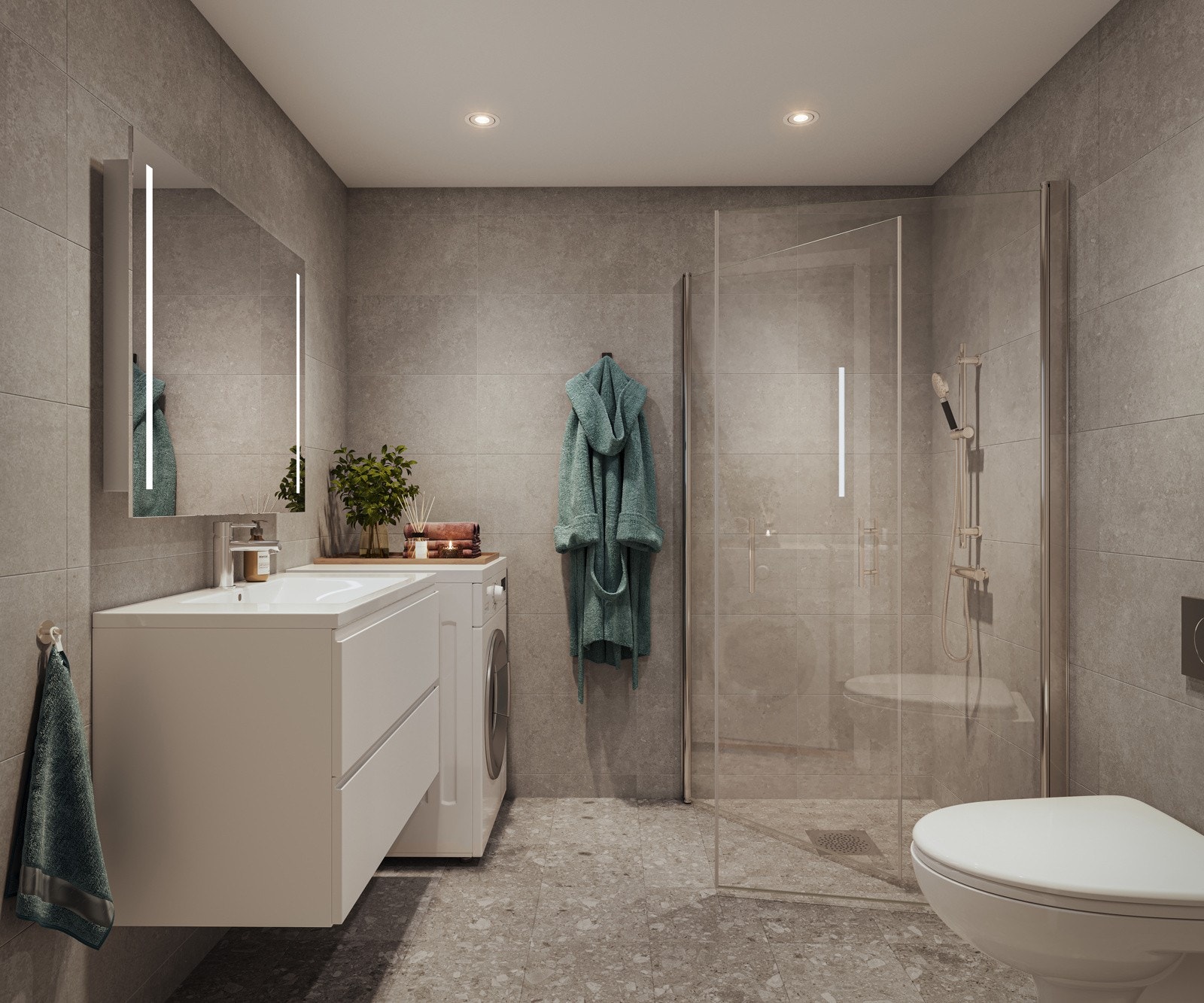 Ulike konseptfarger på badet også - her illustrert med Urbancrete Dark Greige Galleribilde