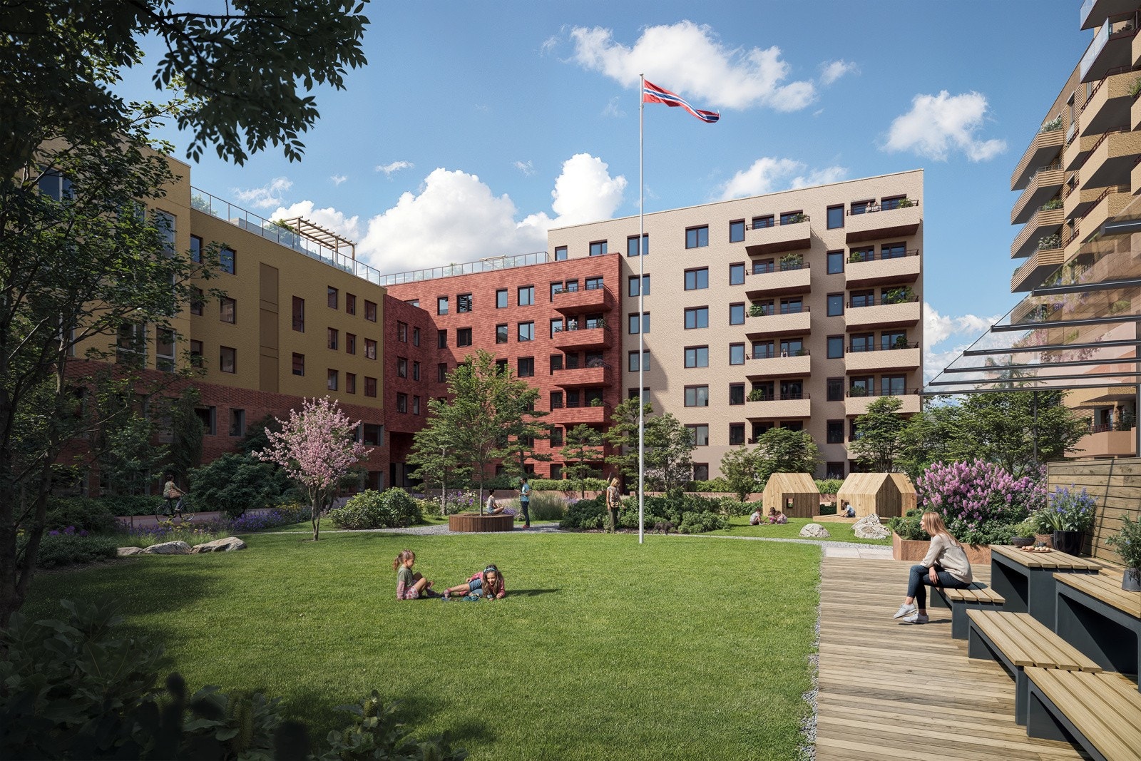 Leilighetens sørvendte markterrasse vender mot Torghagens store grønne, bilfrie gårdsrom. Illustrasjon. Galleribilde