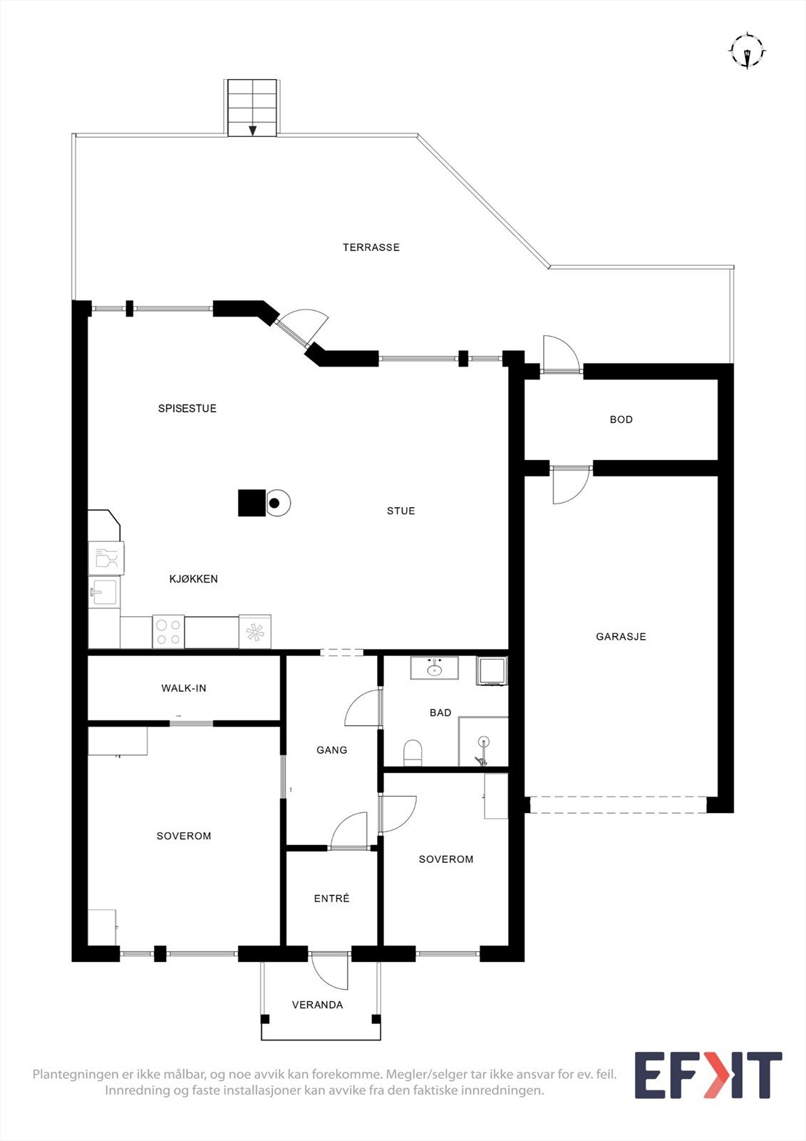 Planløsningen på 73 m² er arealeffektiv med to soverom og åpen stue- og kjøkkenløsning. Galleribilde