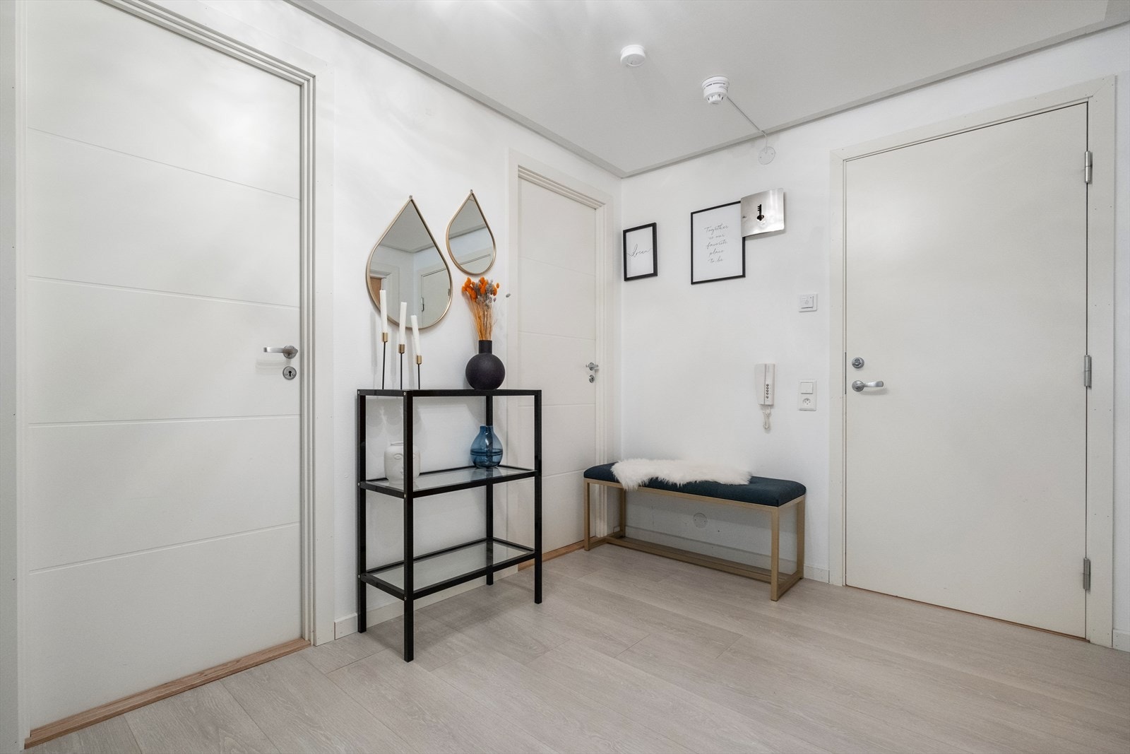 Entréen har malte glatte dører og laminatgulv, som gir en ren og enkel stil. Galleribilde