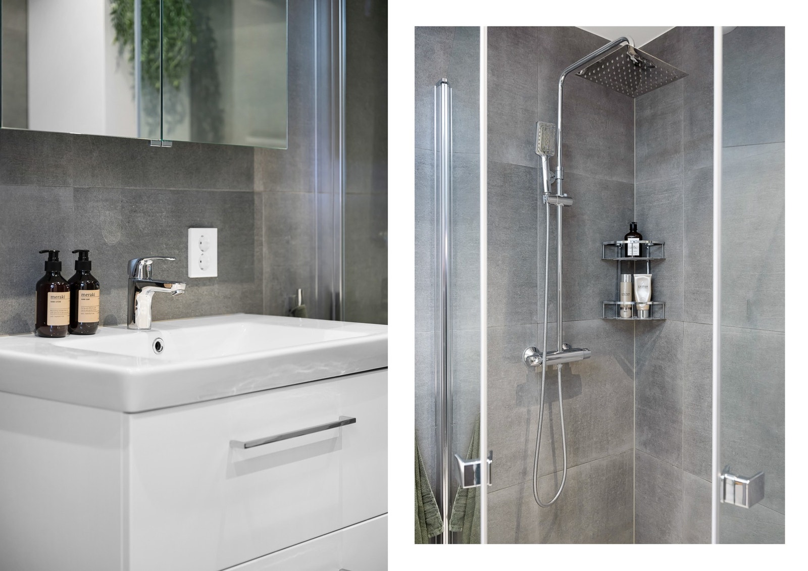 Baderomsinnredningen består av vegghengt toalett, helstøpt servant, skuffer under servant med slette fronter, og dusjdører i klart glass. Galleribilde