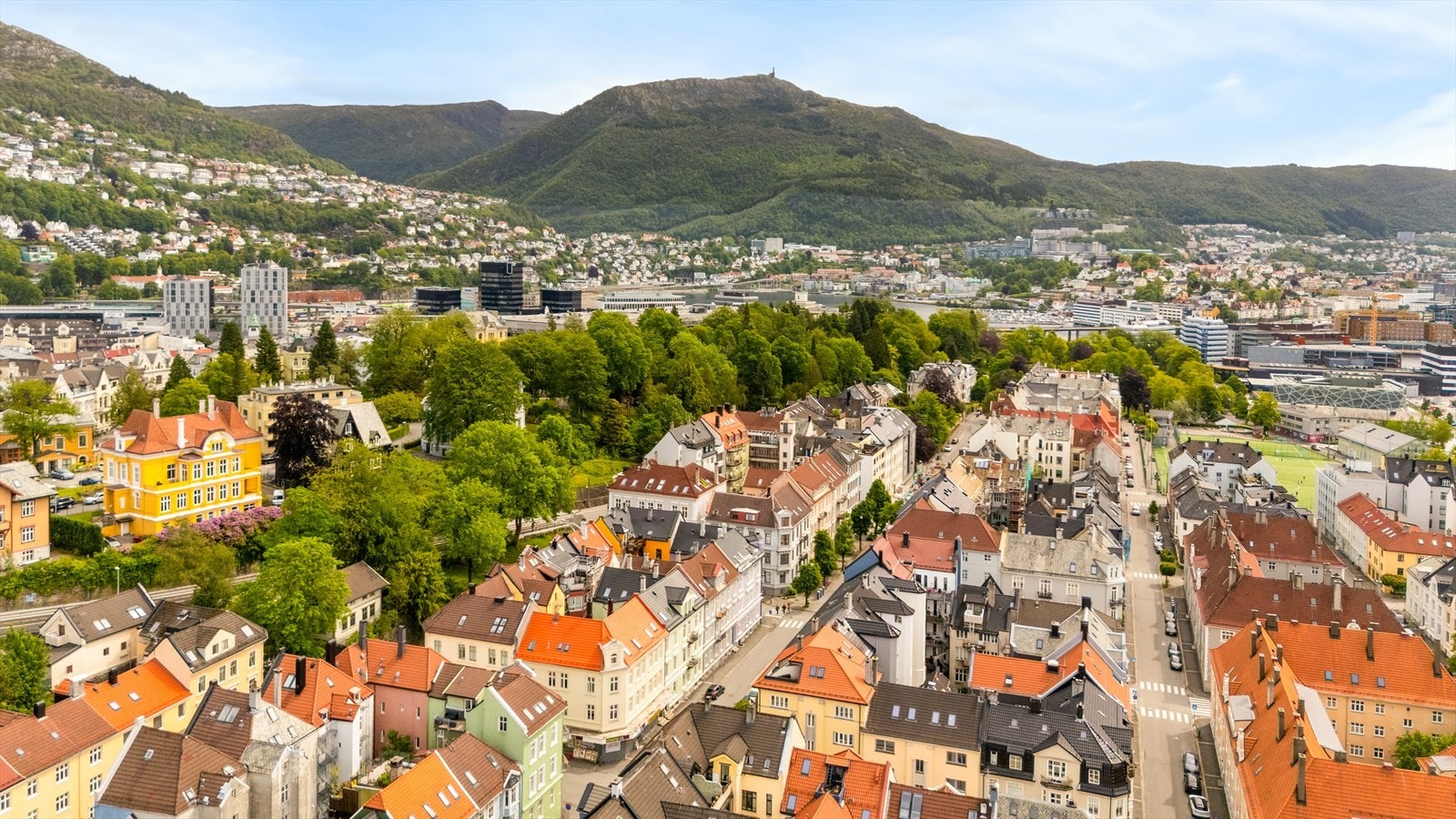 Møhlenpris sett fra luften - et rolig og sjarmerende nabolag med gåavstand til Bergen sentrum. Galleribilde