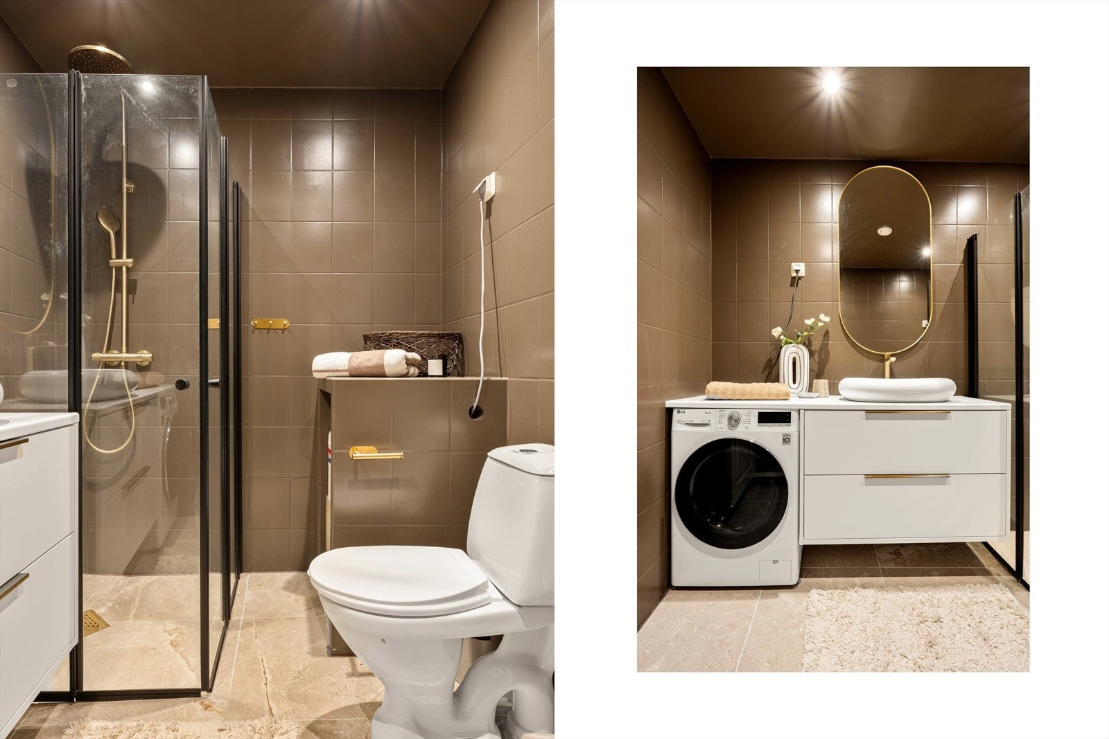 Dusjhjørne med glassdører og stilrent armatur i messing. Galleribilde