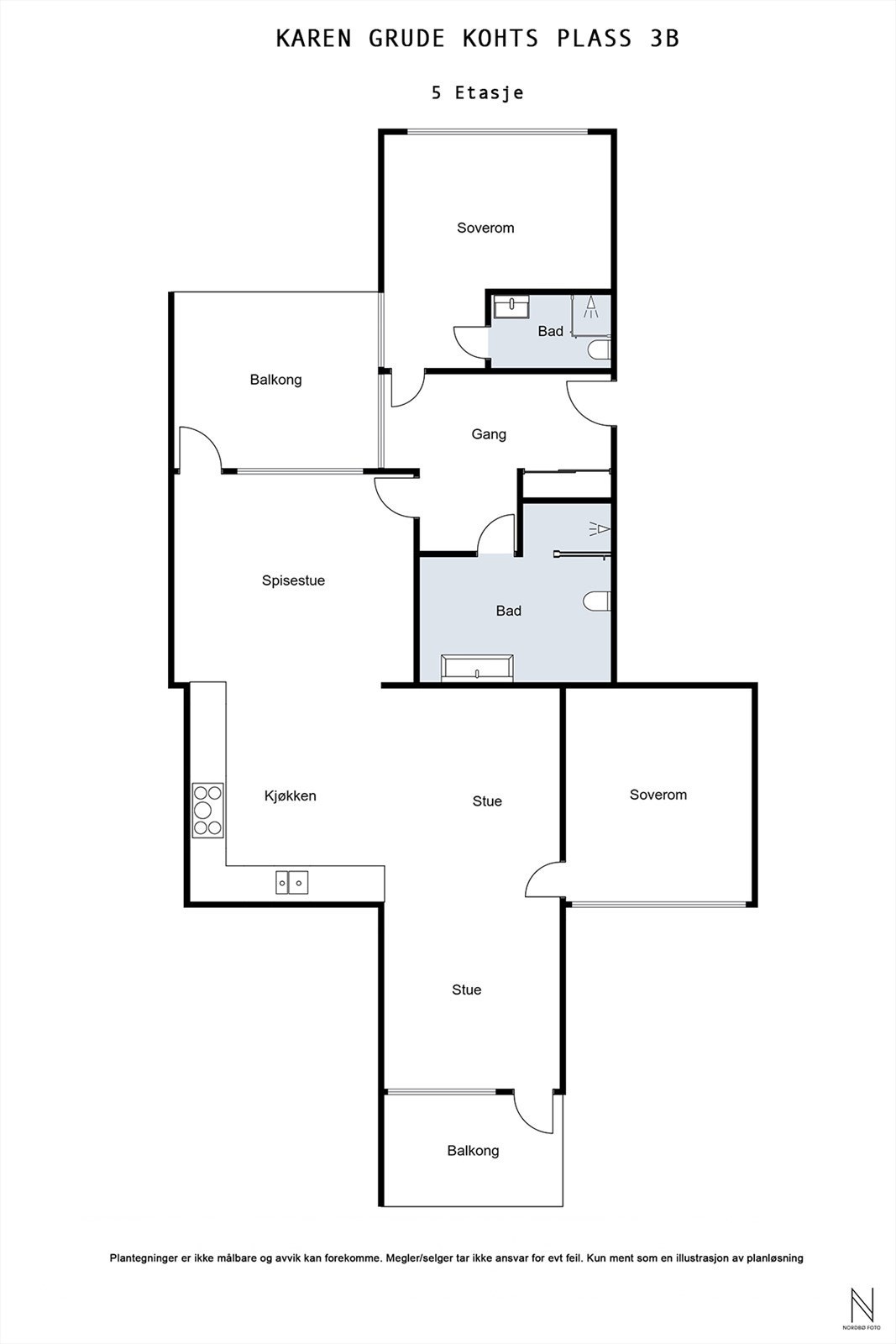 BRA-i: 5. etasje 104 kvm: Entré, 2 bad, 2 soverom, stue/kjøkken og spisestue. Galleribilde
