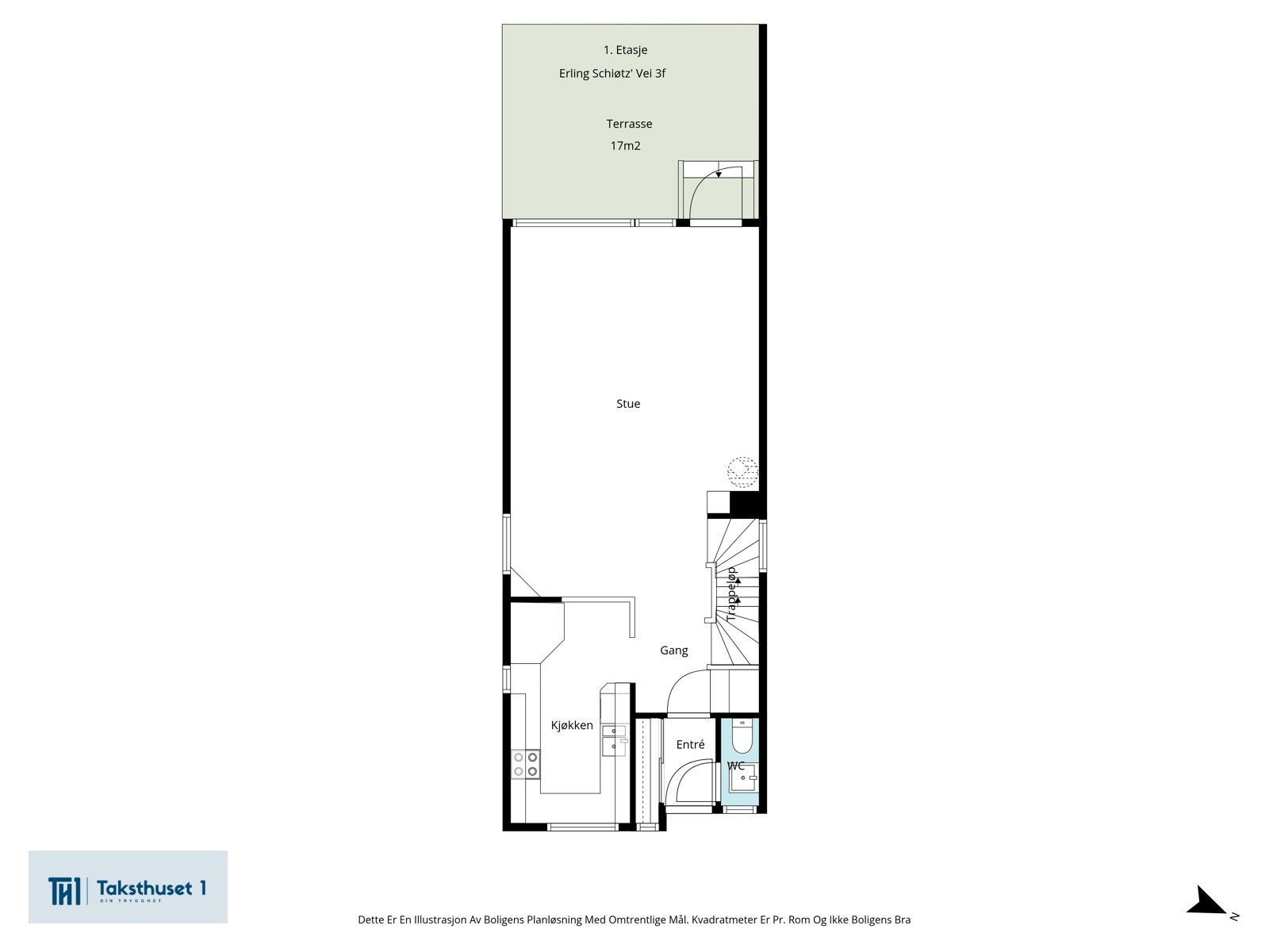 Første etasje består av kjøkken, separat wc, stue med utgang til terrasse Galleribilde