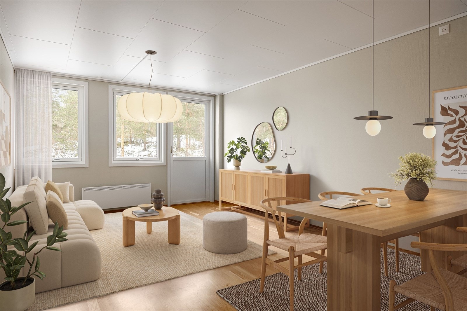 Koselig og sosialt oppholdsrom med stue, spisestue og kjøkken. Det gjøres oppmerksom på at alle innvendig bilder samt balkong er digitalt stylet. Galleribilde