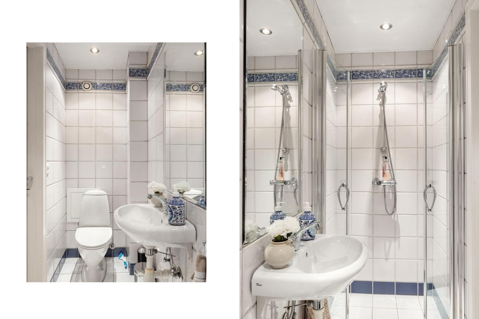 Flislagt gjestebad med hvitmalt, slett takflate og innfelte downlights Galleribilde