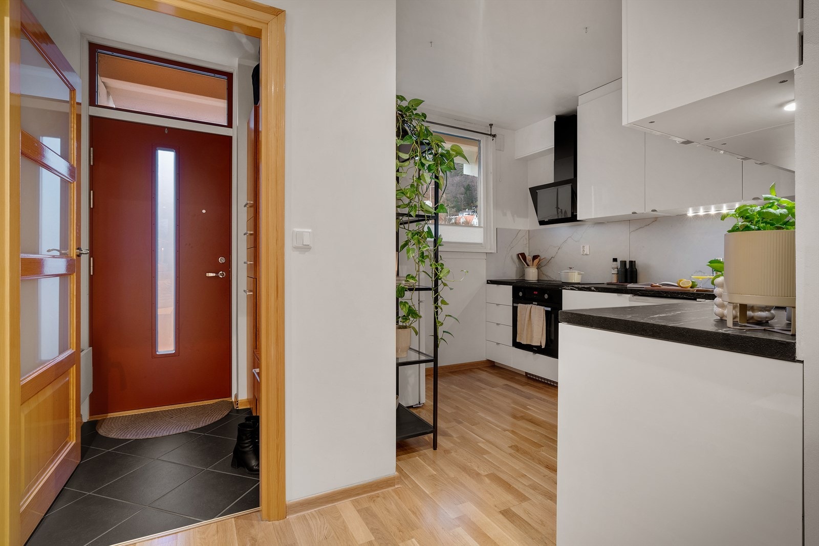 - Kjøkkenet og stuen er utstyrt med stilrene og funksjonelle plisségardiner - Galleribilde