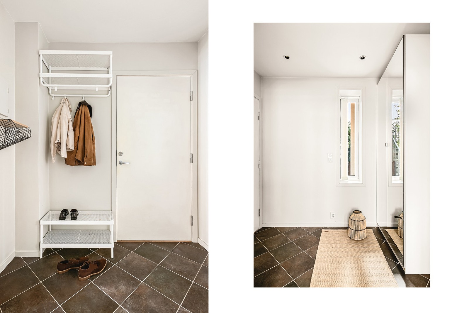 Velkommen inn! Det første som møter deg er en romslig gang med varmekabler og god plass til å henge fra seg ytterklær og sette fra seg sko. Det medfølger også et praktisk garderobeskap med speil for ekstra lagring. Galleribilde