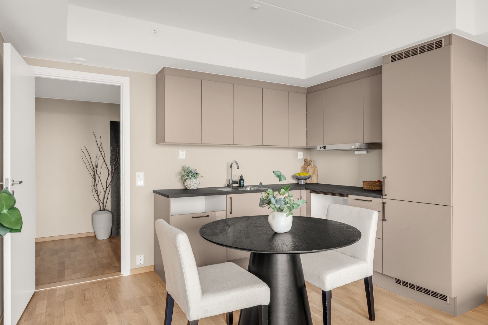 Man kan kjøpe hvitevarepakke for kr 35.000,- inkl. montering. Hvitevarepakken inneholder integrerte hvitevarer som induksjonsovn med platetopp, kjøl/frys og oppvaskmaskin. Galleribilde