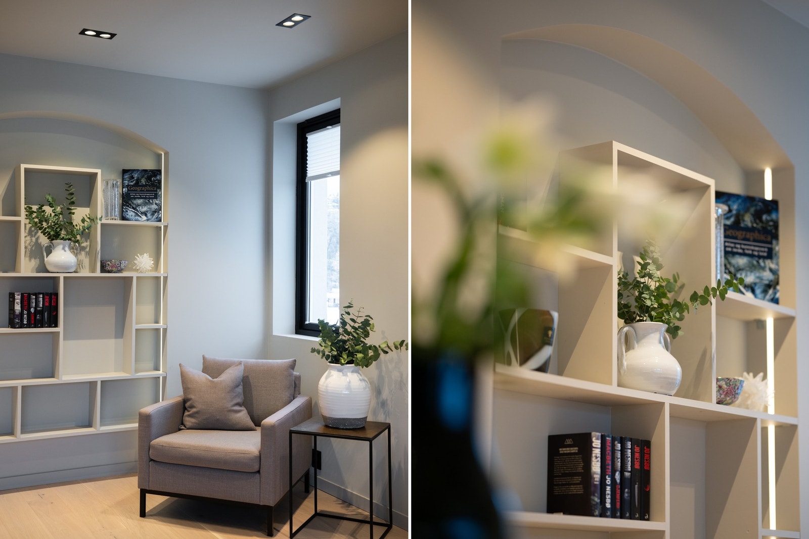 Elegant, integrert hylleløsning i vegg med innebygd belysning. Galleribilde