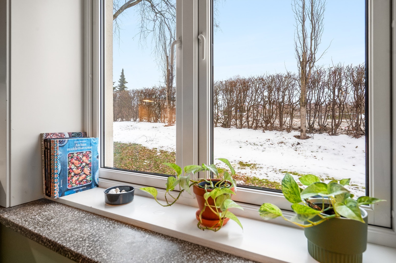 Fra kjøkkenvinduet ser du ut mot borettslagets grønne og velholdte fellesområder. Galleribilde