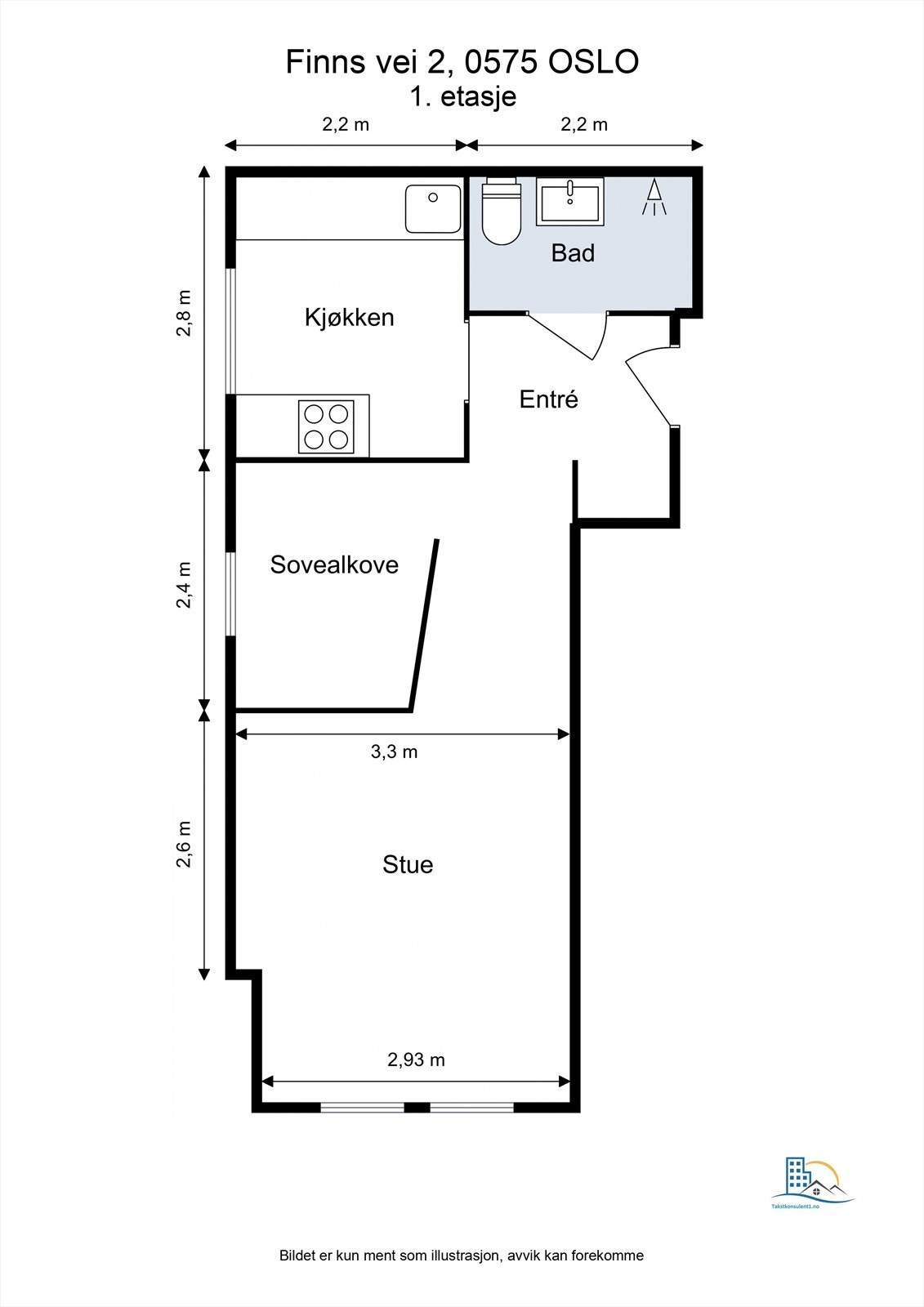Planløsningen på 34 m² rommer entré, bad, separat kjøkken og stue med sovealkove. Galleribilde