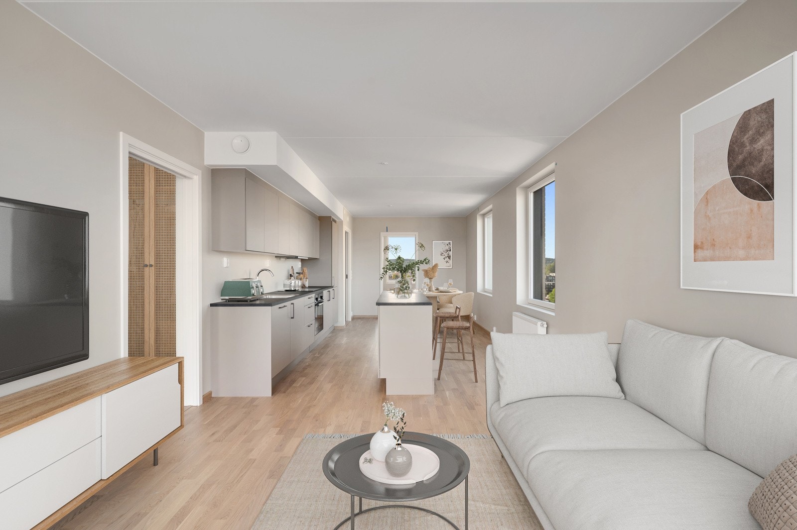 Stuen er et innbyende og lyst rom med lekker parkett på gulv. Parketten går igjen i samtlige rom i boligen (med unntak av bad). Bildet er virtuelt møblert. Galleribilde