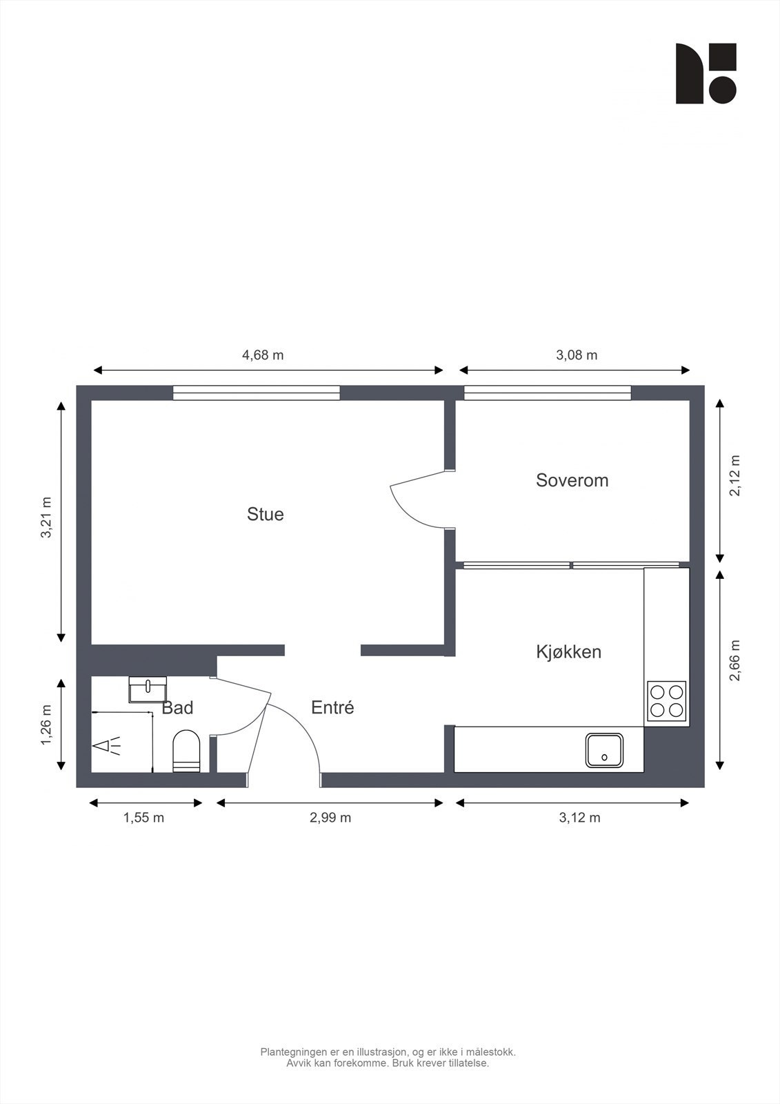 Plantegning. I tillegg disponerer leiligheten tre boder. En loftsbod og to kjellerboder. Galleribilde
