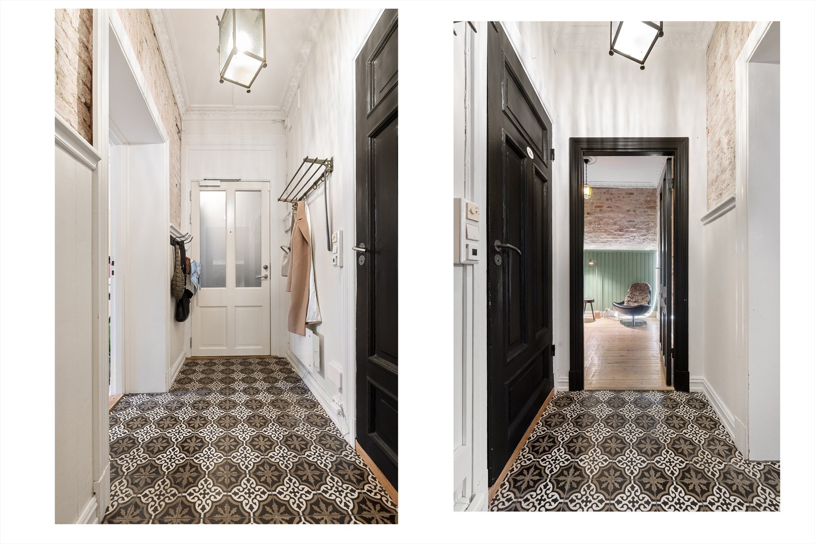 I leiligheten møtes du av en lys og flott gang som gir et godt førsteinntrykk. Det er lagt historiske fliser med varmekabler og gangen har en synlig teglsteinsvegg som gir særpreg. Galleribilde