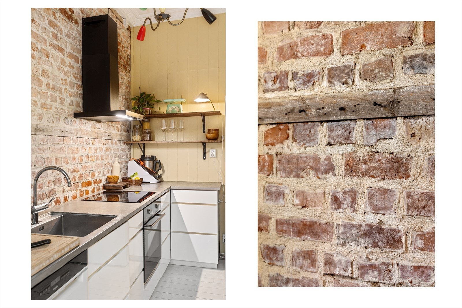 Hvitevarene består av integrert platetopp og stekeovn og frittstående kjøleskap og oppvaskmaskin. Det er kullfiltervifte over stekesonen. Galleribilde