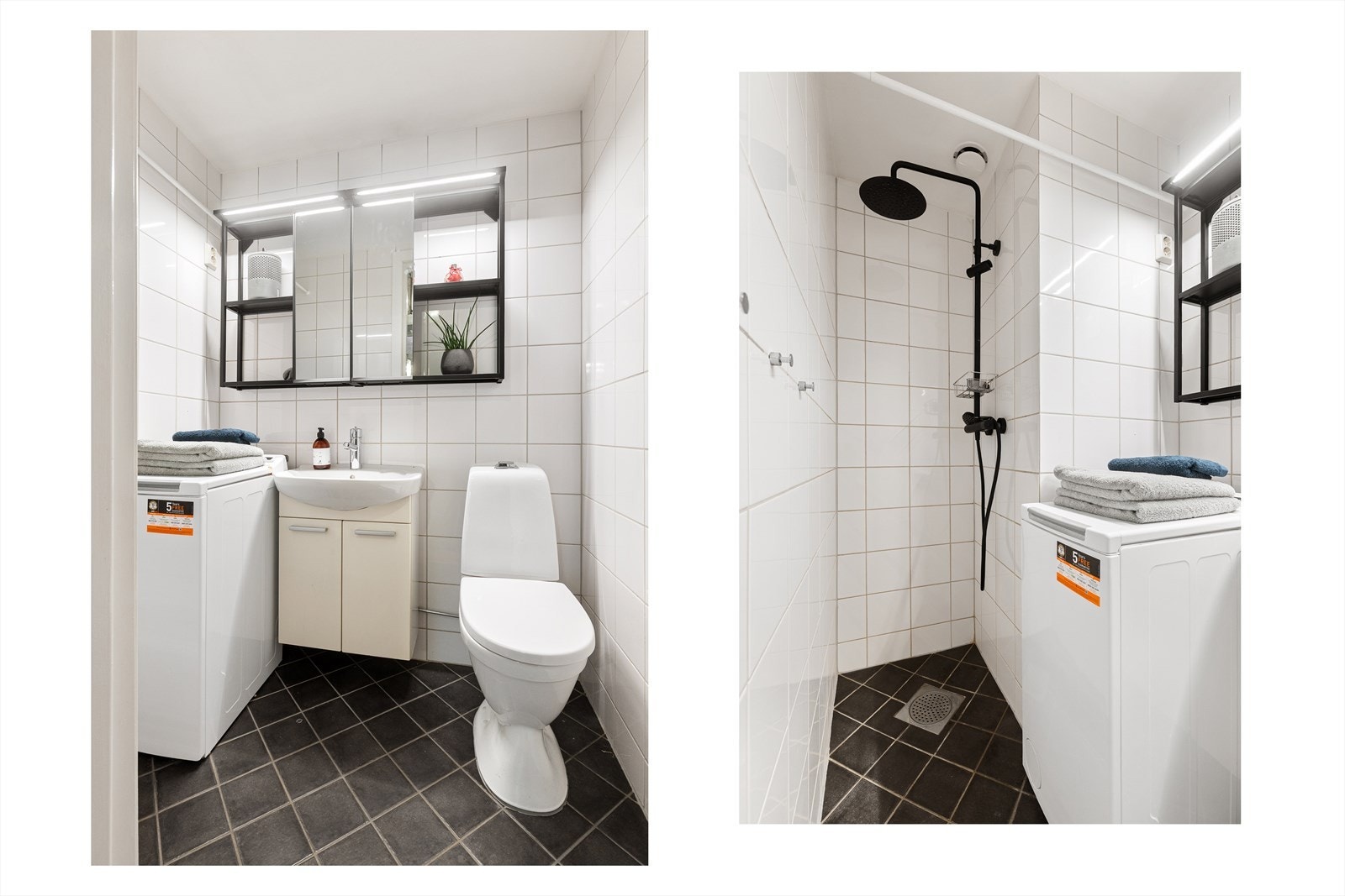 Tidløst, pent bad fra 2006 med flislagte overflater og elektrisk gulvvarme. Badet er innredet med dusjsone med åpen dusj, gulvstående toalett og baderomsinnredning med skap, overlimt servant med ettgrepsarmatur fra Damixa og veggskap med speil og lys. Galleribilde