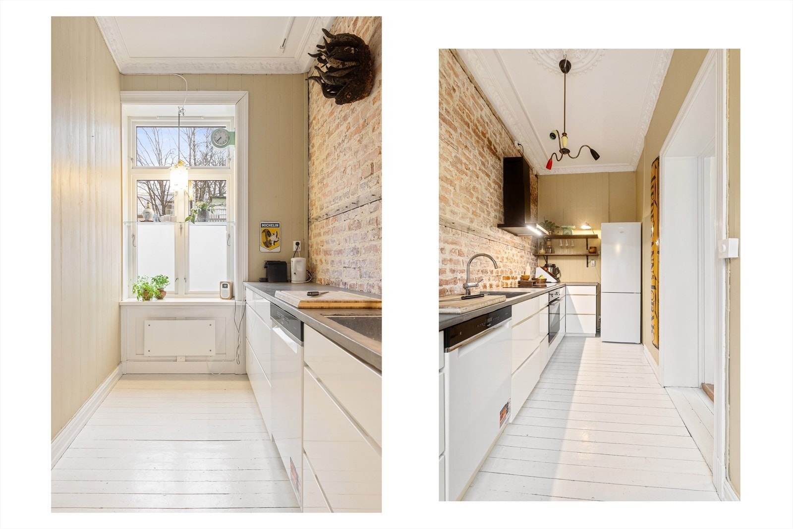 Tidsriktig innredning fra 2020 med glatte fronter, benkeplate i tre og teglsteinsvegg over kjøkkenbenken. Galleribilde