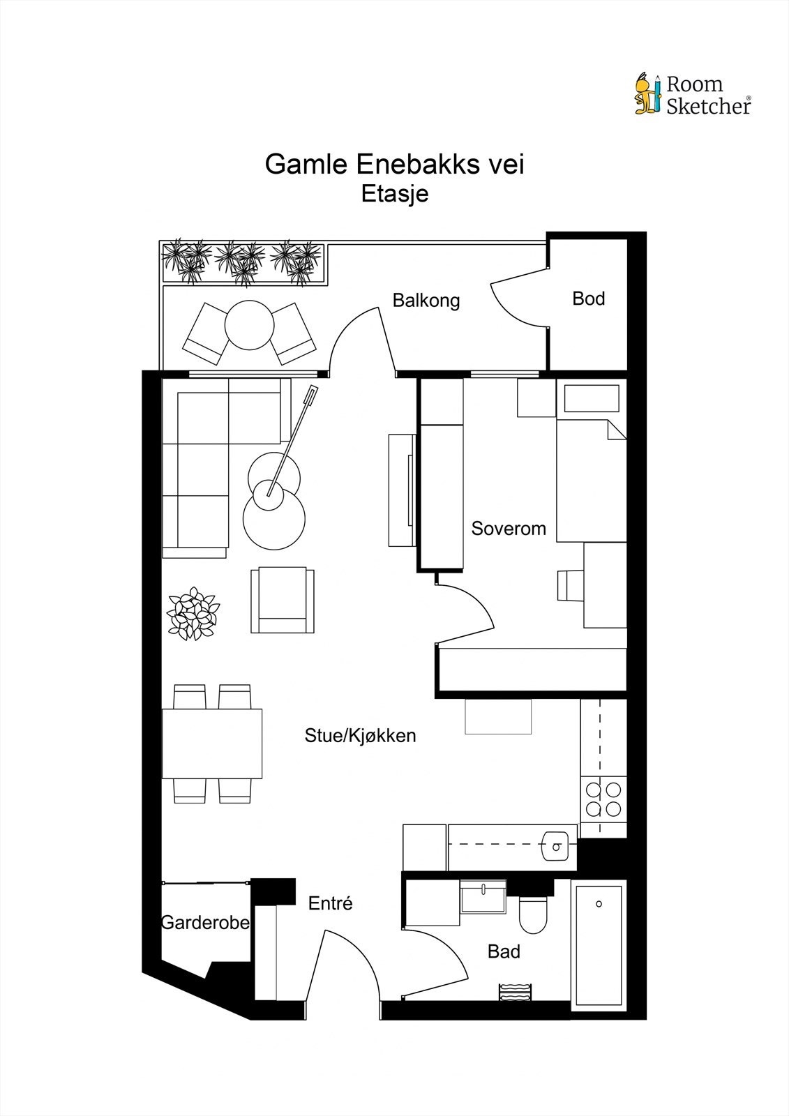 Planløsningen er arealeffektiv og omfatter entré, bad, soverom og stue med åpen kjøkkenløsning. Galleribilde