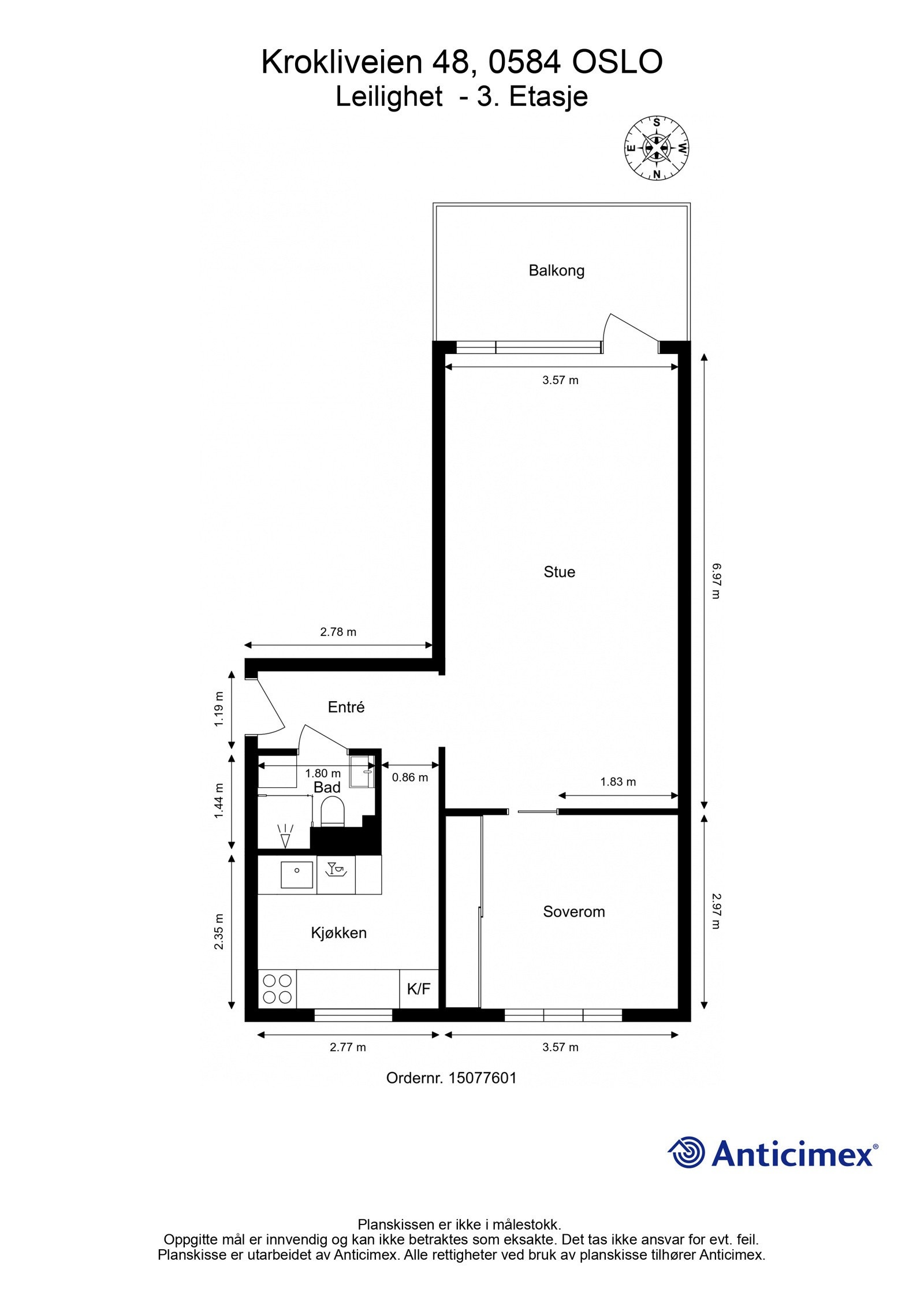 Plantegning 3. etasje. I tillegg disponerer leiligheten en kjellerbod på ca. 4m², samt en loftsbod med gulvareal på ca. 9m². Galleribilde